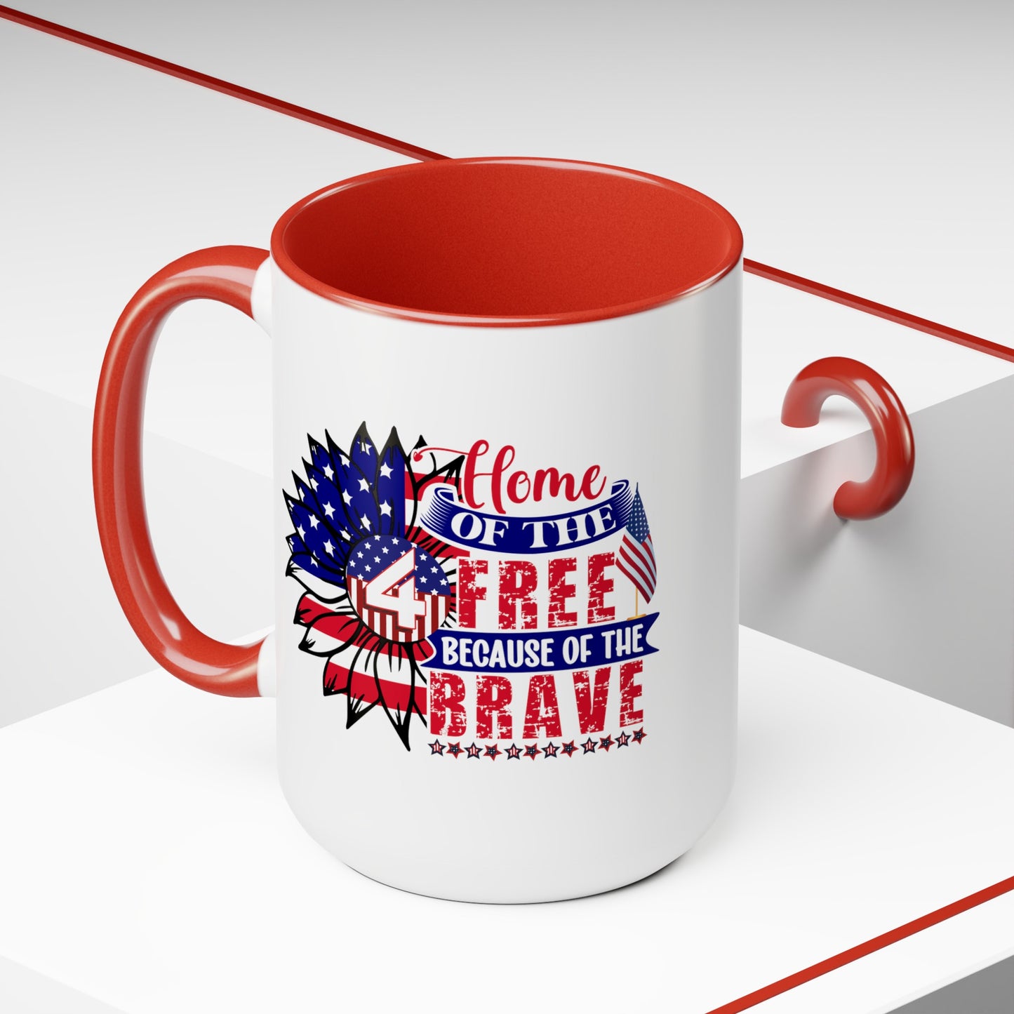 Happy 4th Of July Two -Tone Coffee Mug.15oz. God Bless America Coffee Mug.Flag, Red White Blue, Gift, America.Fourth Of July Sunflower Coffee Mug.