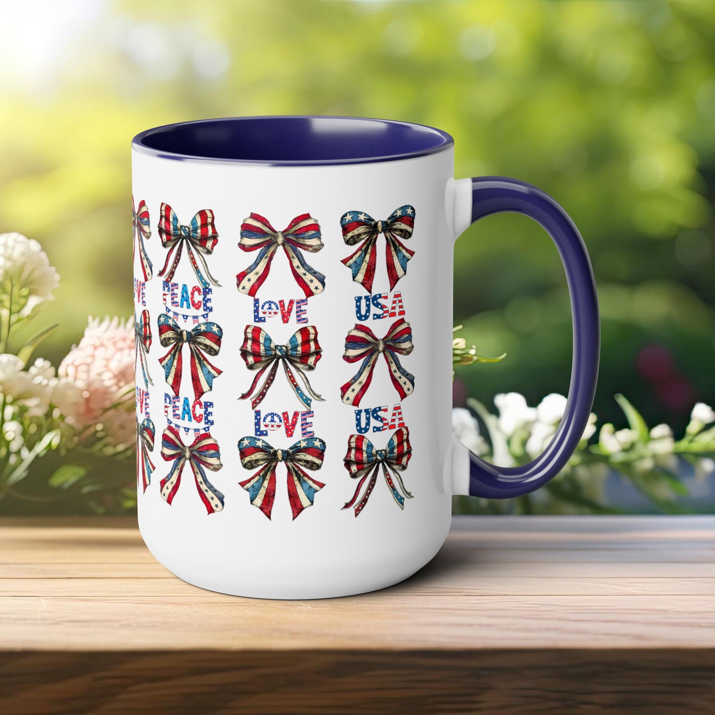 Happy 4th Of July Two -Tone Coffee Mug.15oz. Independence Day Coffee Mug. Love Peace USA.