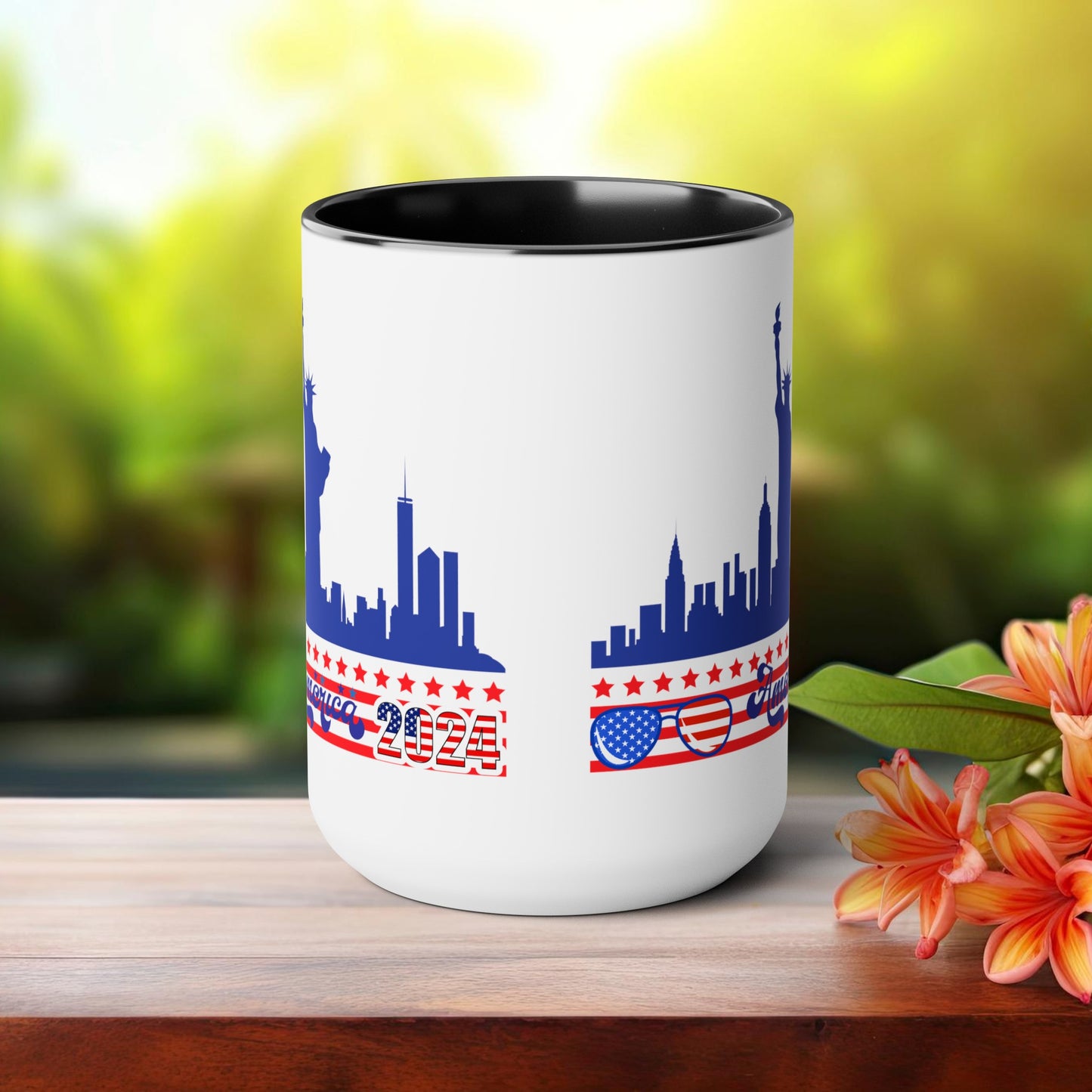 Happy 4th Of July Two -Tone Coffee Mug.15oz. God Bless America Coffee Mug. America 2024 Coffee Mug.