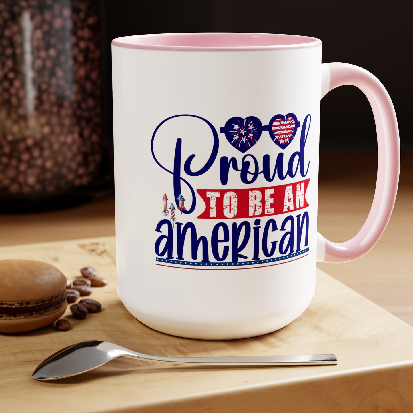 Happy 4th Of July Two -Tone Coffee Mug.15oz. Happy Independence Day Coffee Mug. America, Red White Blue, Flag,Peace Love America. Proud To Be An American