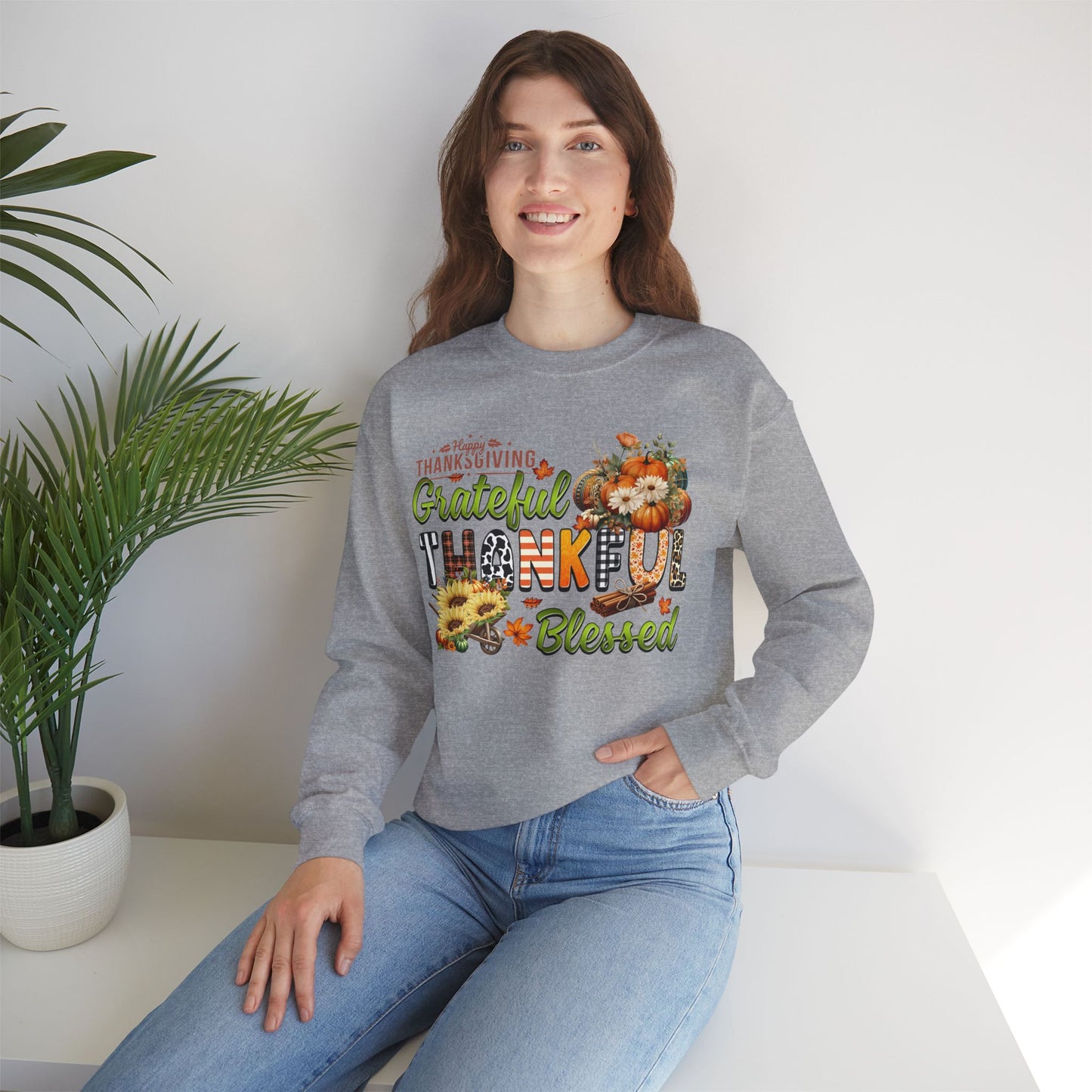 Thankful Grateful Blessed Sweatshirt,  HappyThanksgiving Sweatshirt - Unisex Heavy Blend, Happy Thanksgiving2024 Sweatshirt, Thanksgiving Gift, Festive Sweatshirt.