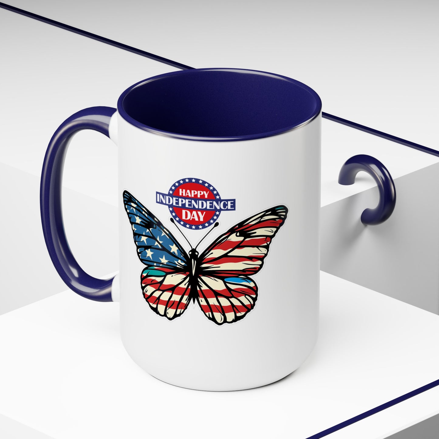 Happy 4th Of July Two -Tone Coffee Mug.15oz. Happy Independence Day Coffee Mug. Butterfly Coffee Mug, America, Red White Blue, Flag.