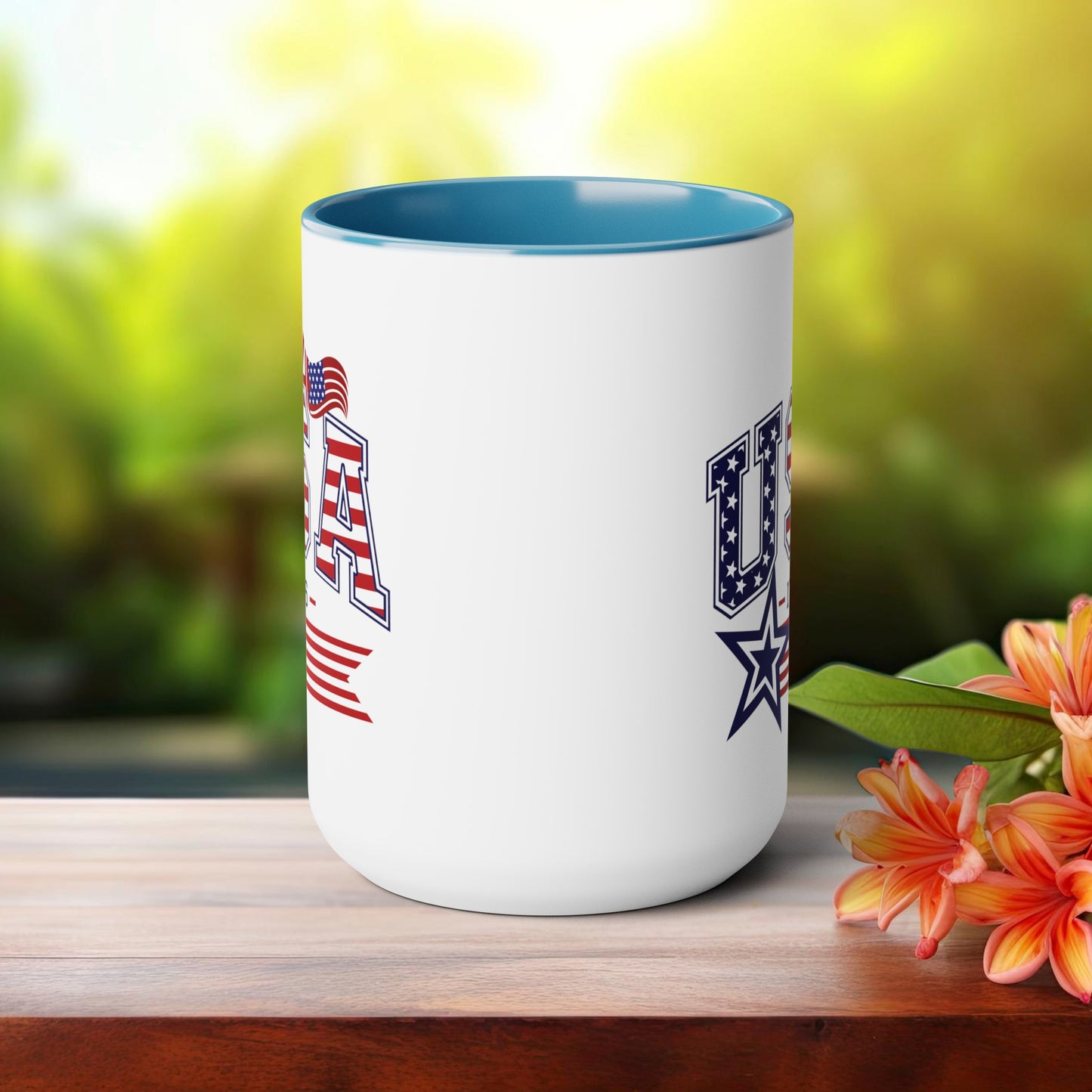 Happy 4th Of July Two -Tone Coffee Mug.15oz. Happy Independence Day Coffee Mug. America, Red White Blue, Flag,Peace Love America. Proud To Be An American