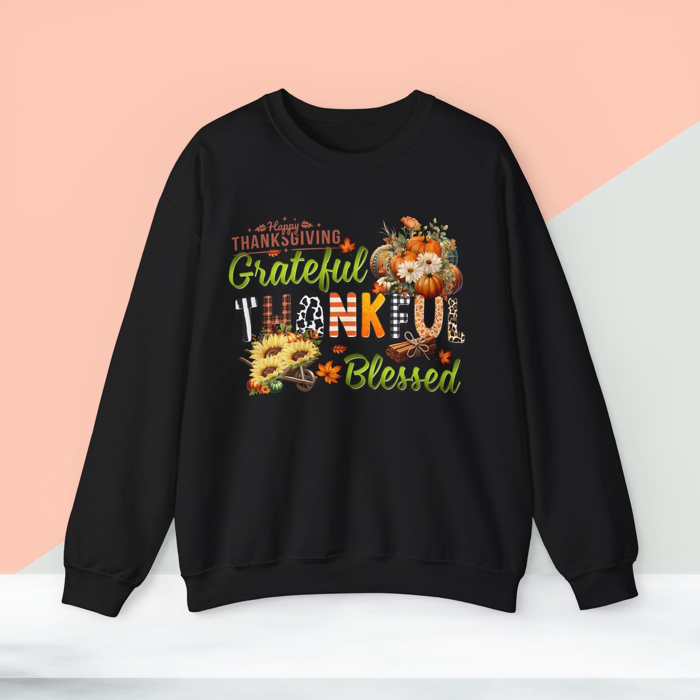 Thankful Grateful Blessed Sweatshirt,  HappyThanksgiving Sweatshirt - Unisex Heavy Blend, Happy Thanksgiving2024 Sweatshirt, Thanksgiving Gift, Festive Sweatshirt.