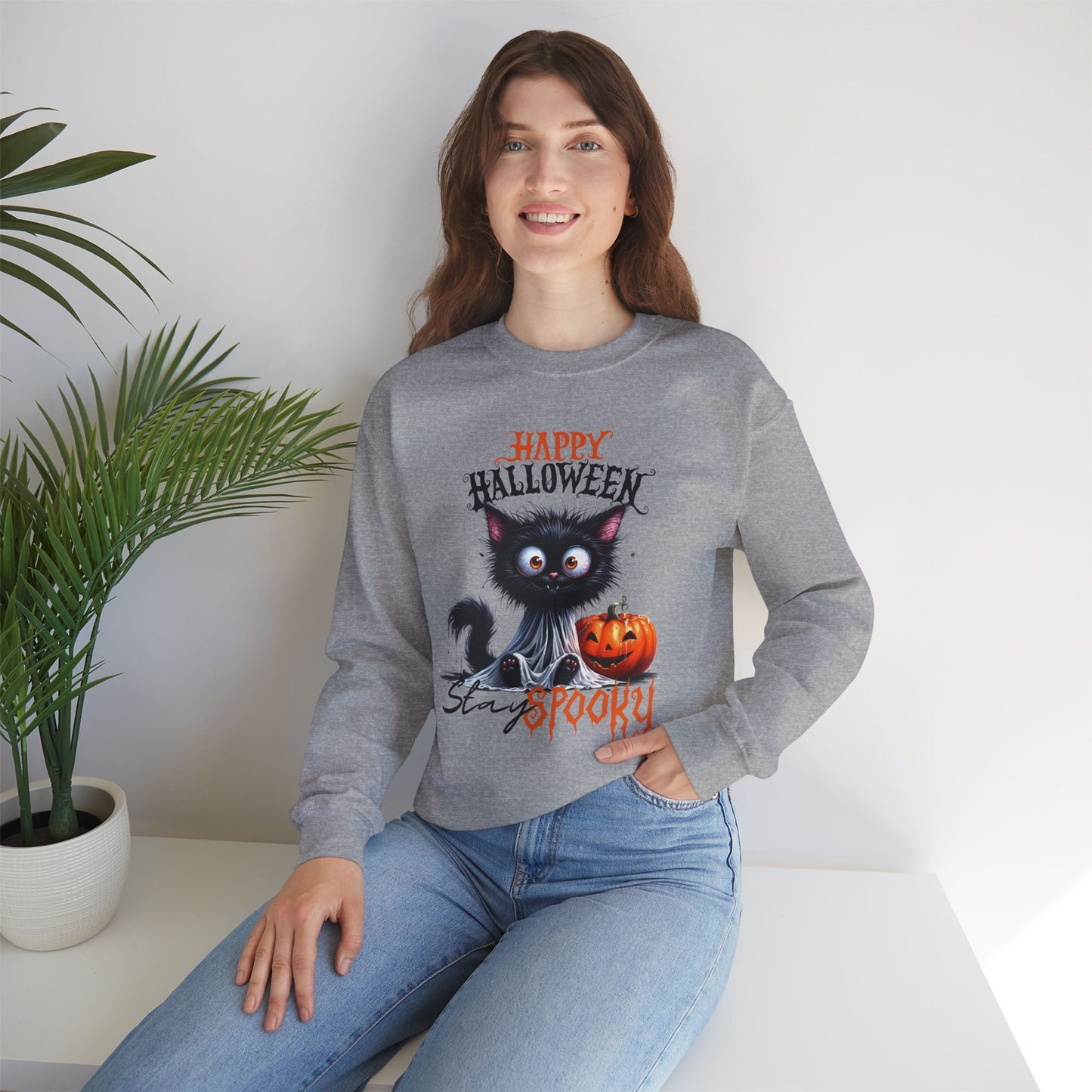 Stay spooky Halloween Sweatshirt - Unisex Heavy Blend Crewneck, halloween sweatshirt, cute spooky cat sweatshirt.