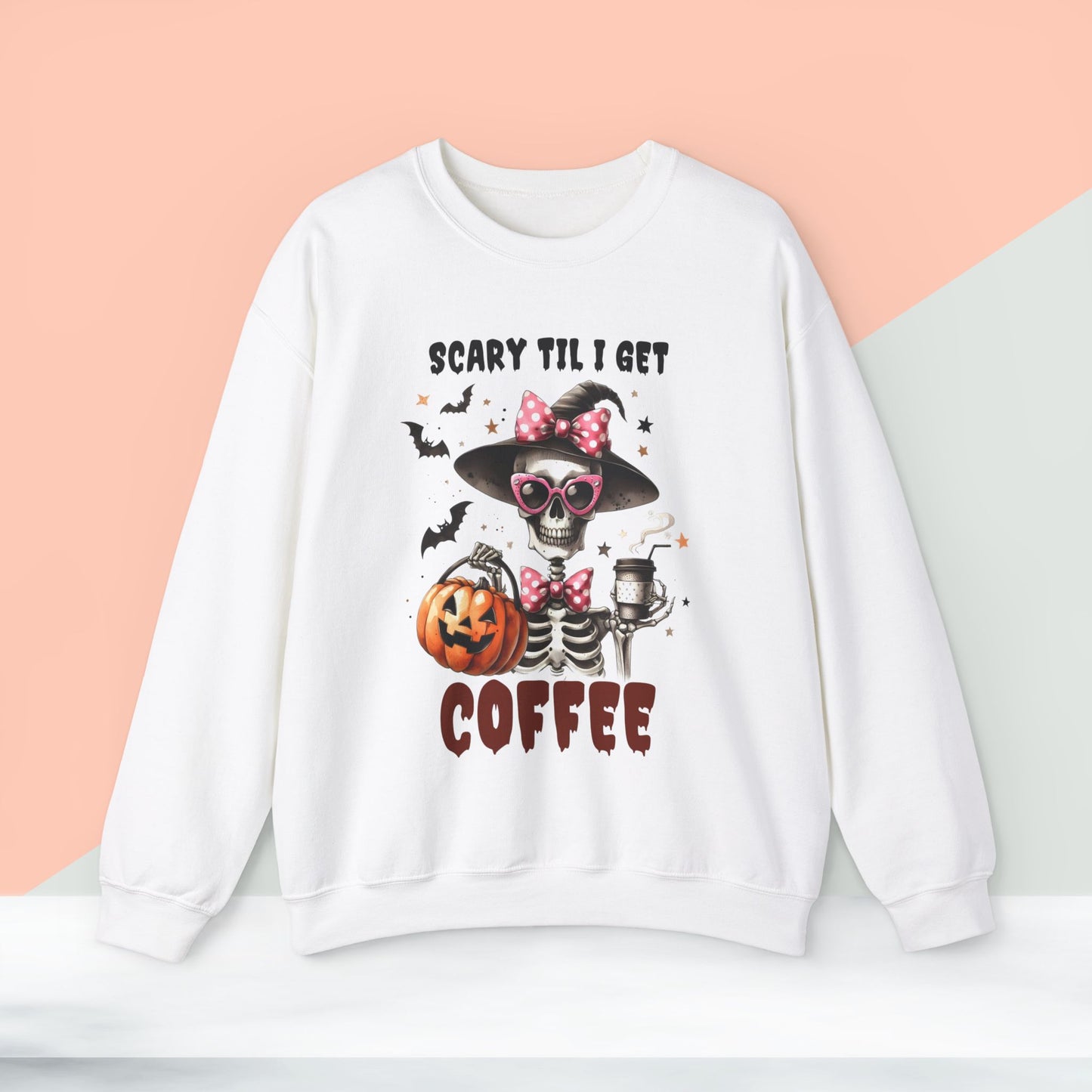 Scary Til I Get Coffee Halloween Sweatshirt, Happy Halloween Sweatshirt - Unisex Heavy Blend Crewneck, Halloween Sweatshirt, Cute Spooky Ghost sweatshirt.