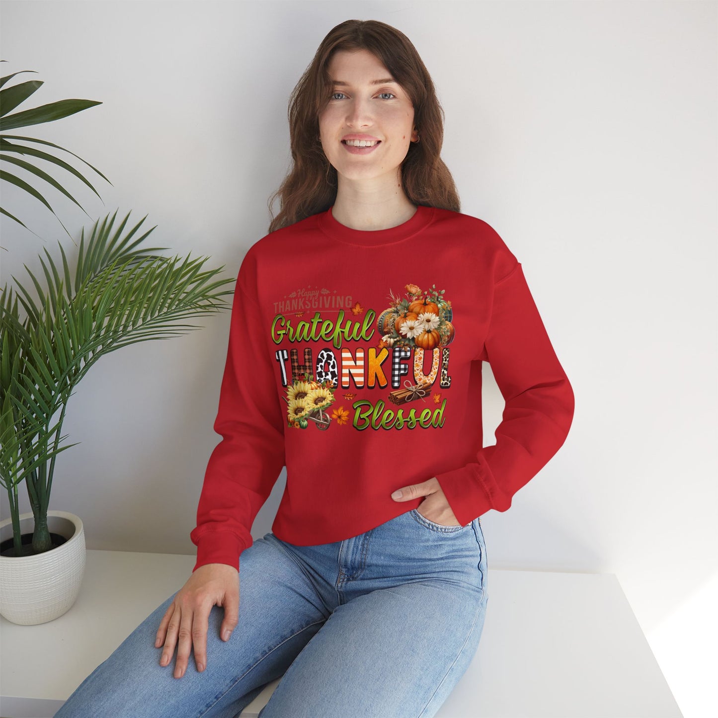 Thankful Grateful Blessed Sweatshirt,  HappyThanksgiving Sweatshirt - Unisex Heavy Blend, Happy Thanksgiving2024 Sweatshirt, Thanksgiving Gift, Festive Sweatshirt.