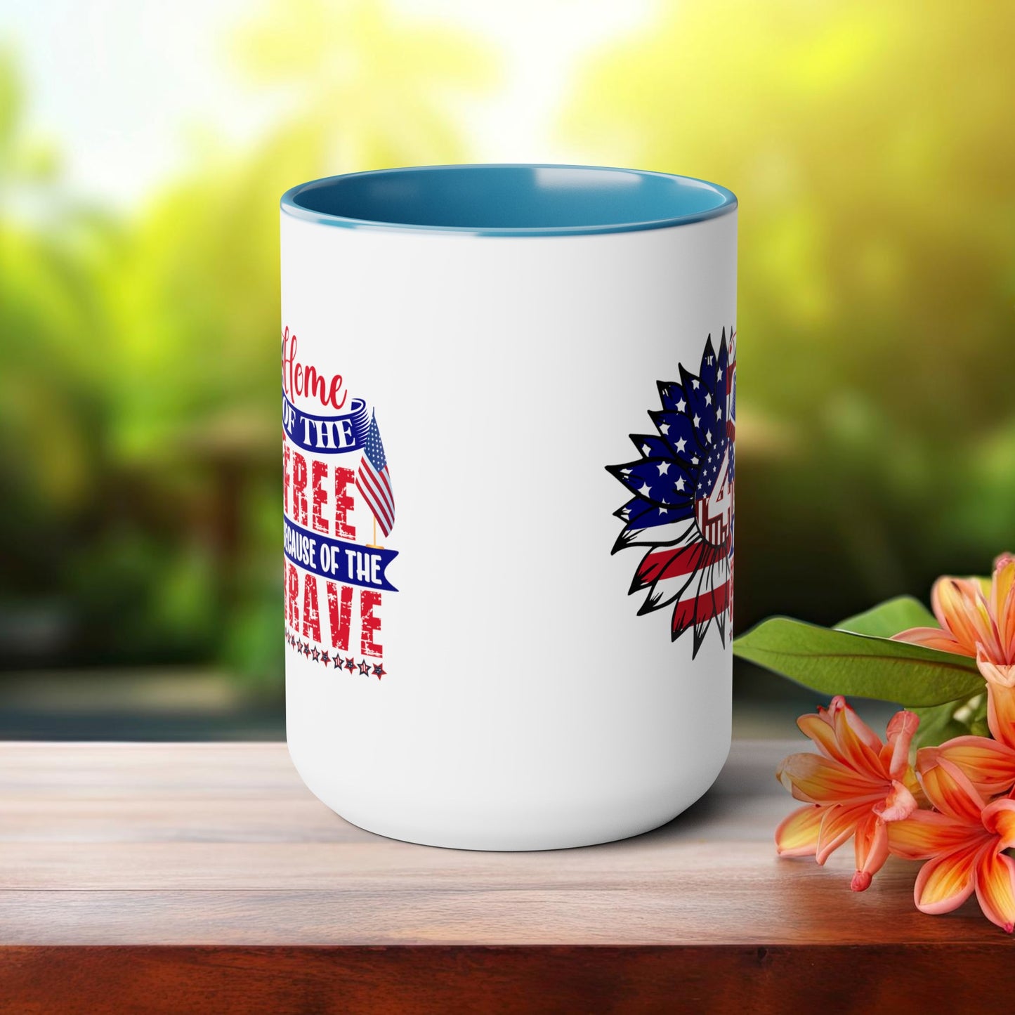 Happy 4th Of July Two -Tone Coffee Mug.15oz. God Bless America Coffee Mug.Flag, Red White Blue, Gift, America.Fourth Of July Sunflower Coffee Mug.