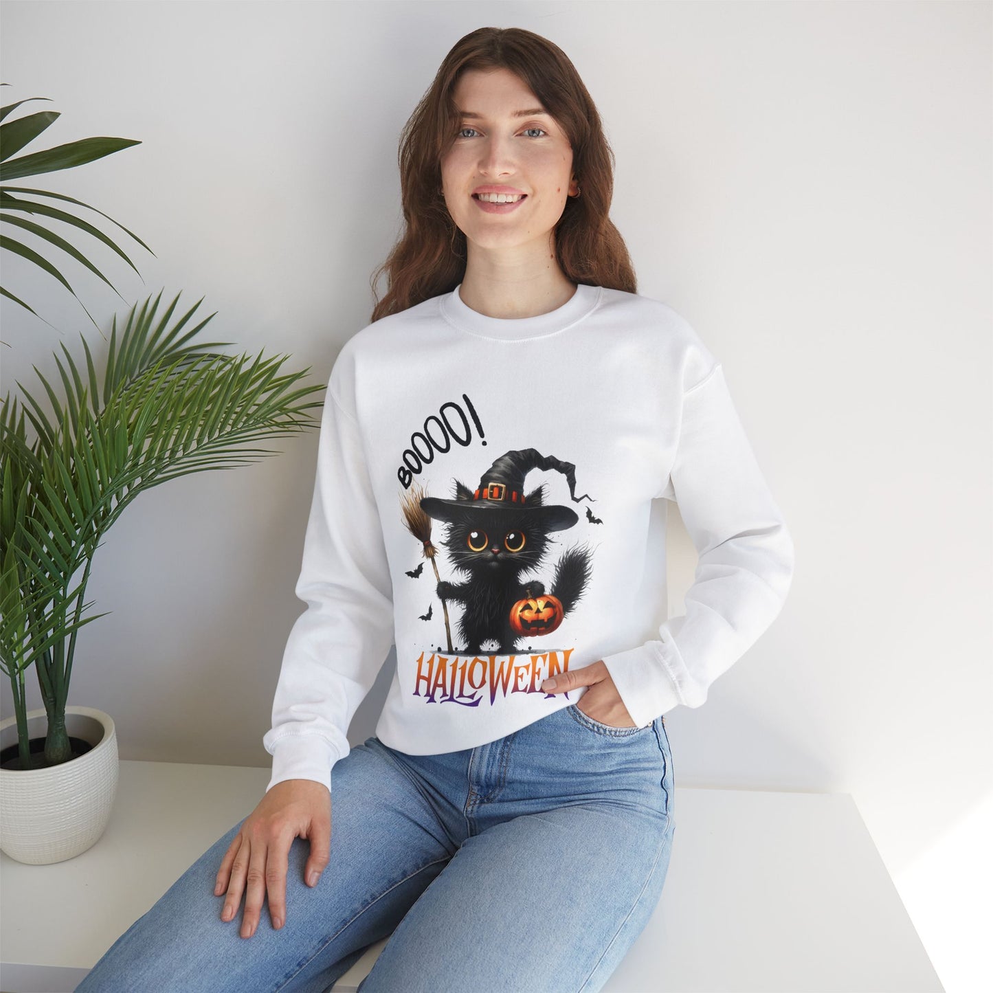 Spooky Cat Halloween Sweatshirt - Unisex Heavy Blend Crewneck, halloween sweatshirt, cute spooky cat sweatshirt.