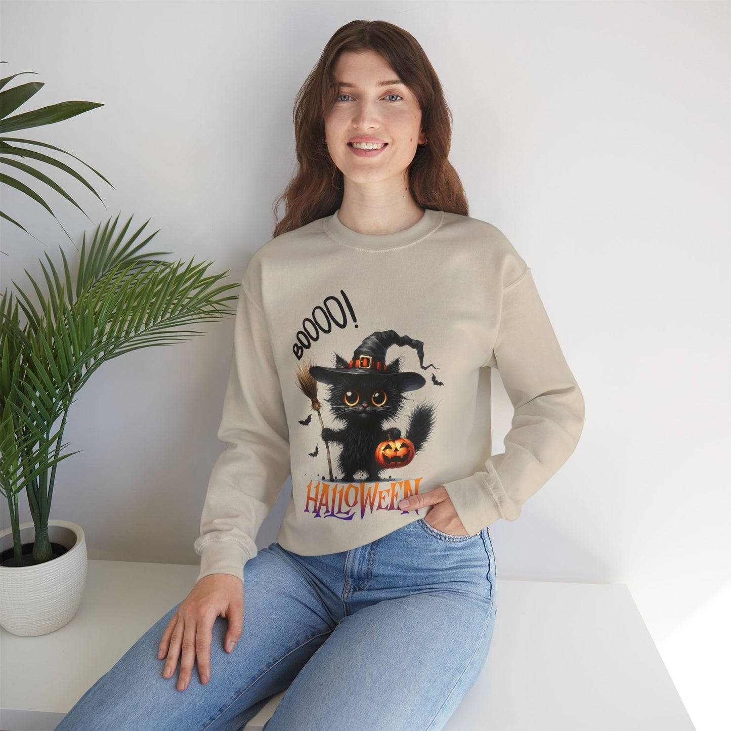 Spooky Cat Halloween Sweatshirt - Unisex Heavy Blend Crewneck, halloween sweatshirt, cute spooky cat sweatshirt.