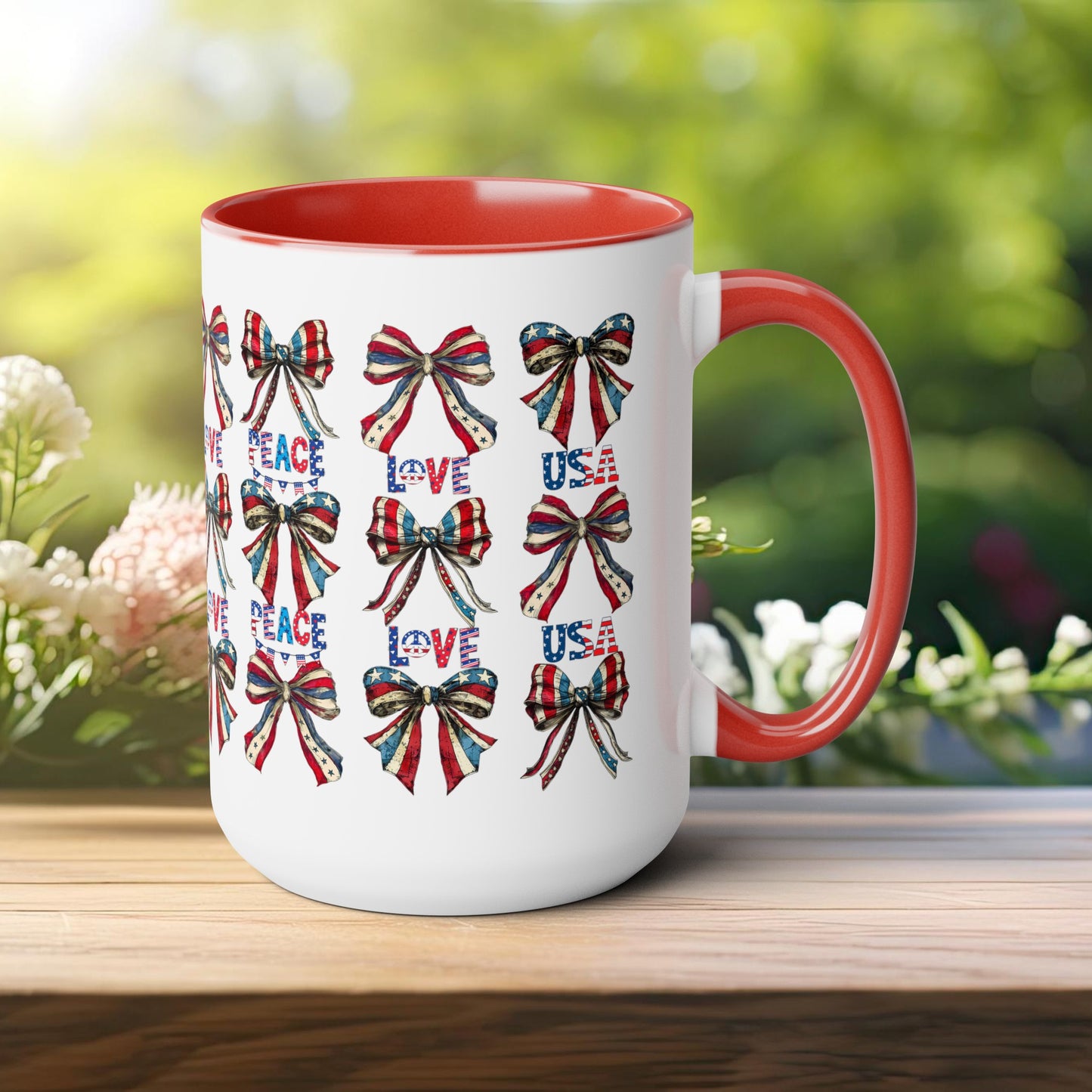 Happy 4th Of July Two -Tone Coffee Mug.15oz. Independence Day Coffee Mug. Love Peace USA.