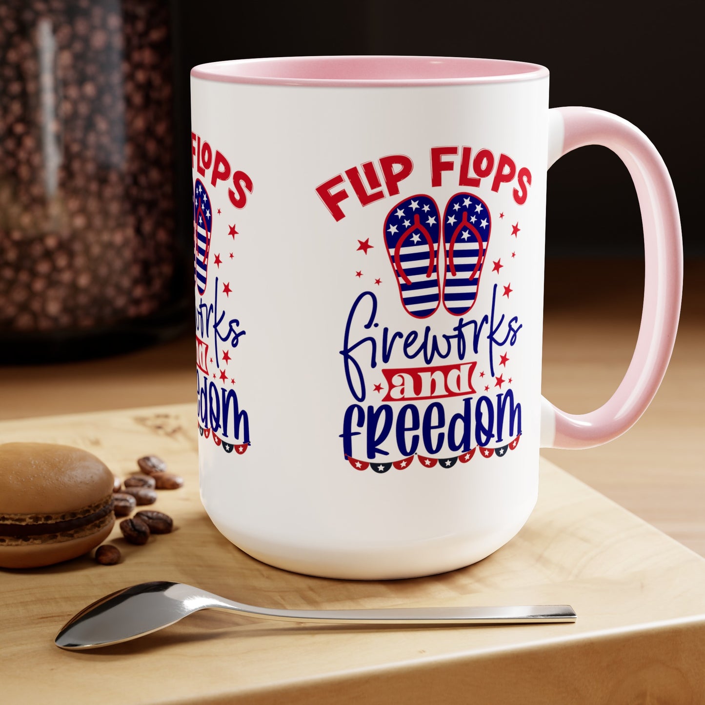 Happy 4th Of July Two -Tone Coffee Mug.15oz. Happy Independence Day Coffee Mug. America, Red White Blue, Flag,Peace Love America. Flipflop fireworks & Freedom.