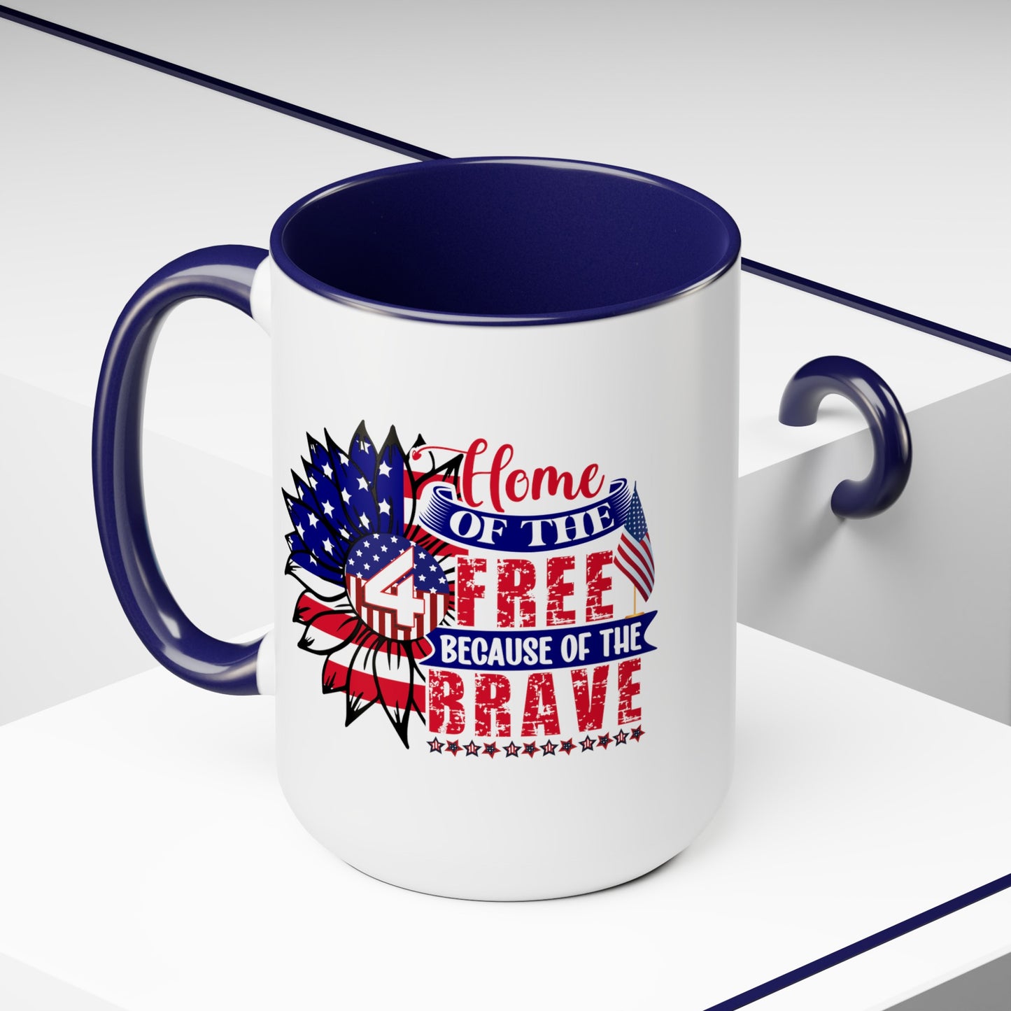 Happy 4th Of July Two -Tone Coffee Mug.15oz. God Bless America Coffee Mug.Flag, Red White Blue, Gift, America.Fourth Of July Sunflower Coffee Mug.