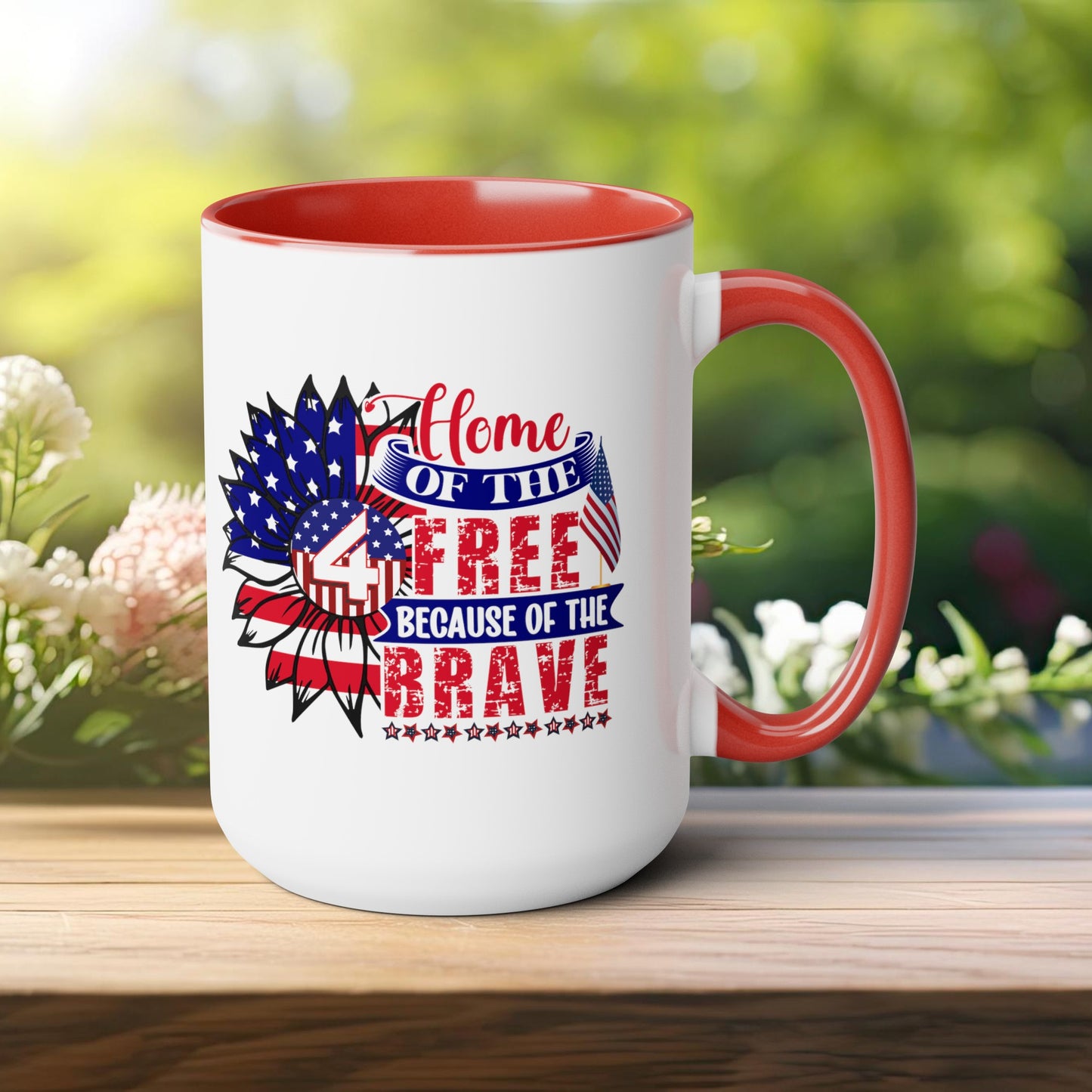 Happy 4th Of July Two -Tone Coffee Mug.15oz. God Bless America Coffee Mug.Flag, Red White Blue, Gift, America.Fourth Of July Sunflower Coffee Mug.