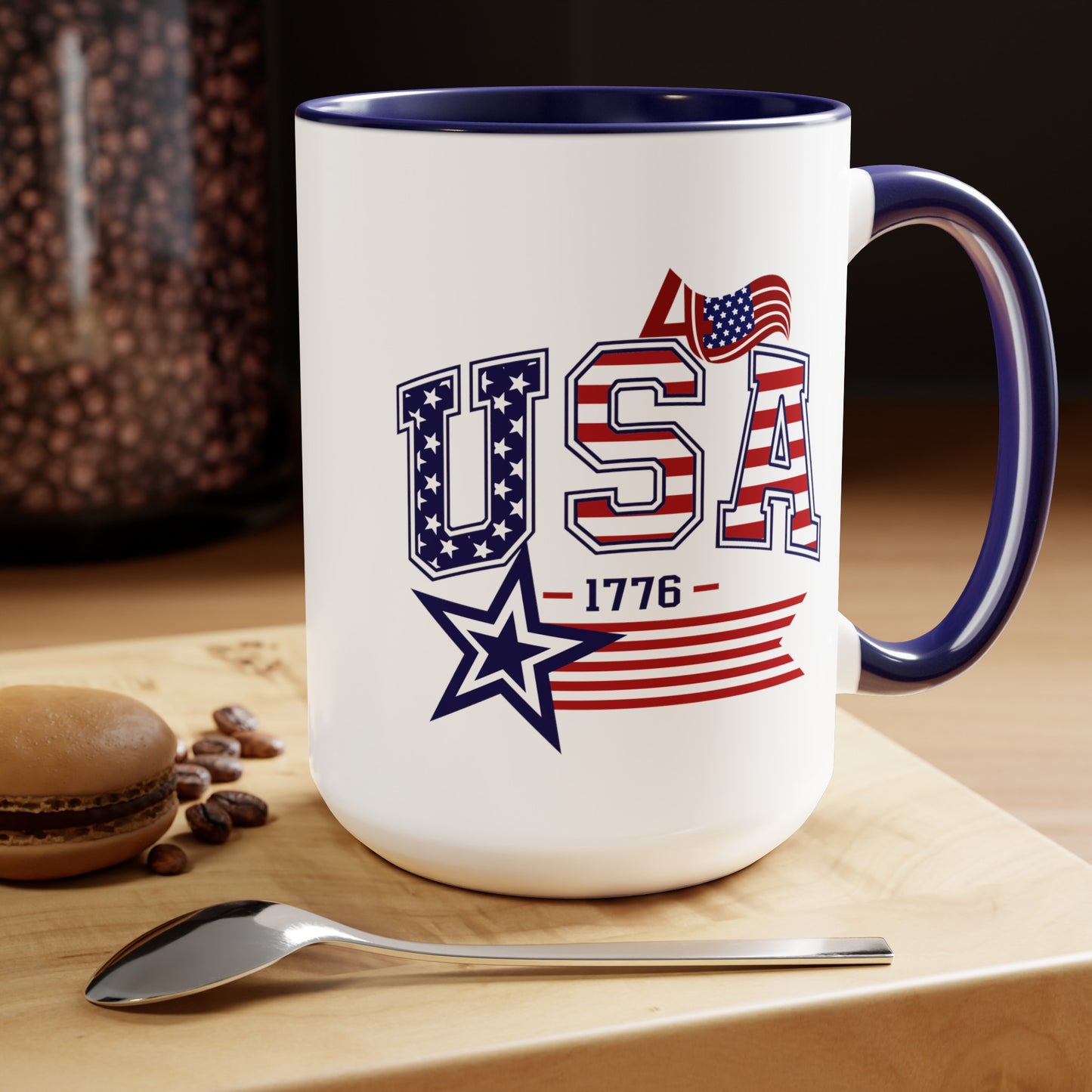 Happy 4th Of July Two -Tone Coffee Mug.15oz. Happy Independence Day Coffee Mug. America, Red White Blue, Flag,Peace Love America. Proud To Be An American