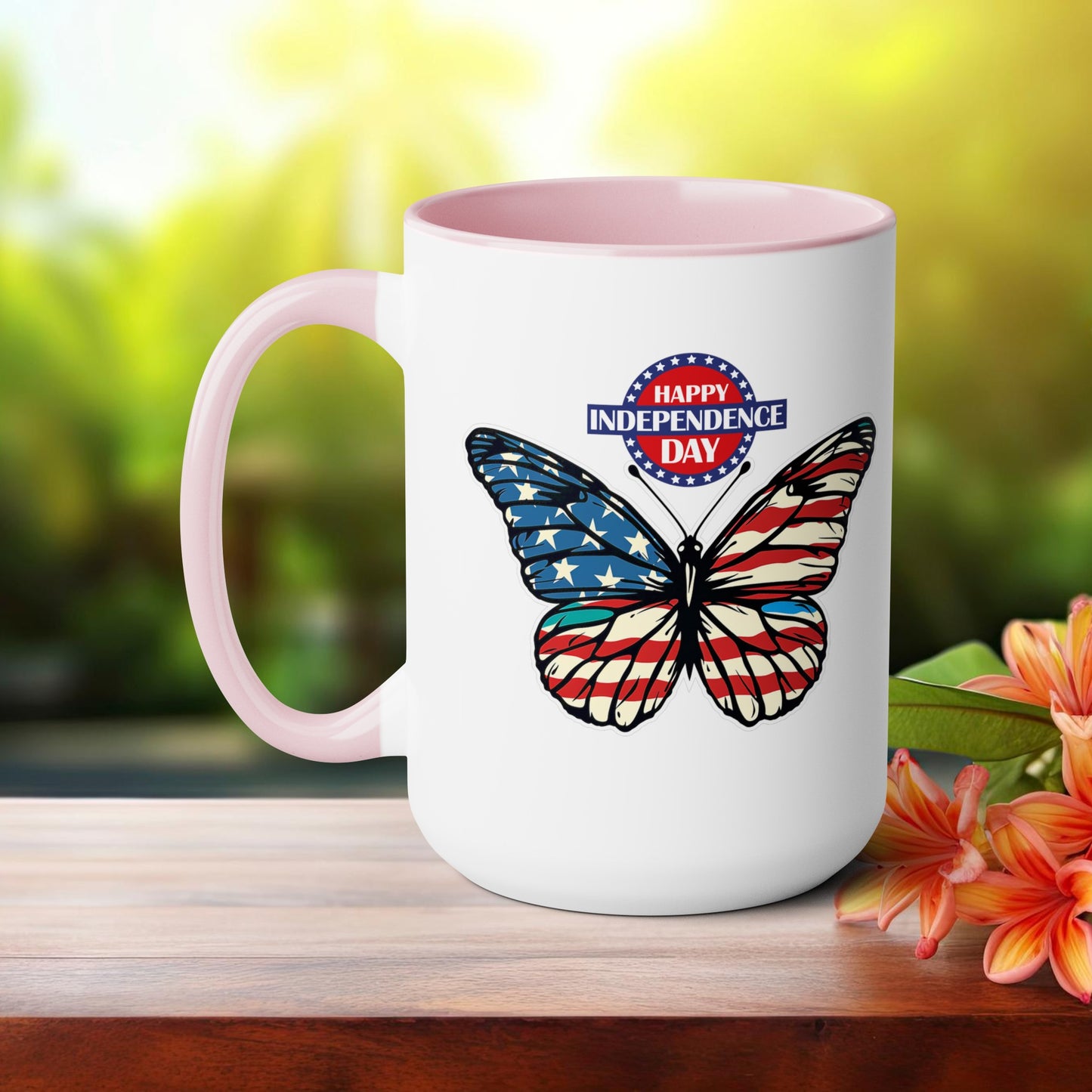 Happy 4th Of July Two -Tone Coffee Mug.15oz. Happy Independence Day Coffee Mug. Butterfly Coffee Mug, America, Red White Blue, Flag.