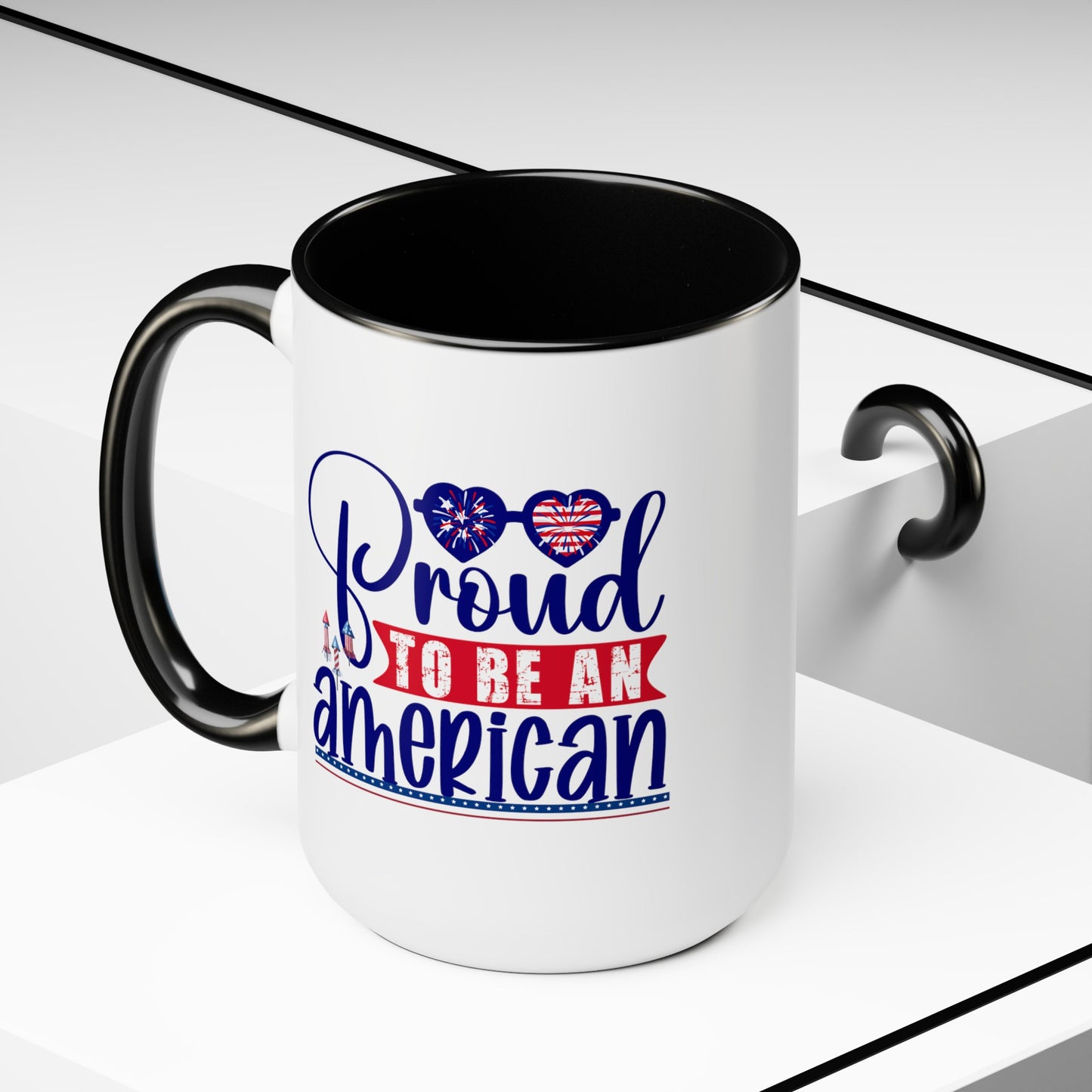 Happy 4th Of July Two -Tone Coffee Mug.15oz. Happy Independence Day Coffee Mug. America, Red White Blue, Flag,Peace Love America. Proud To Be An American