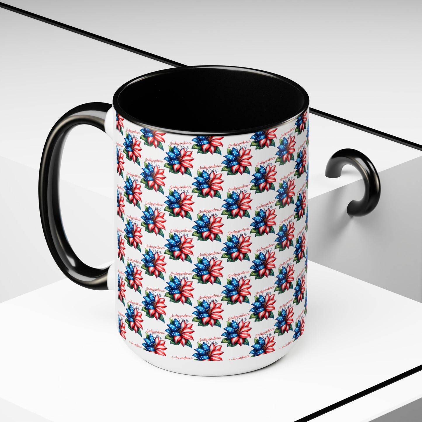 Happy 4th Of July Two -Tone Coffee Mug.15oz. Independence Day Coffee Mug. Love Peace USA.