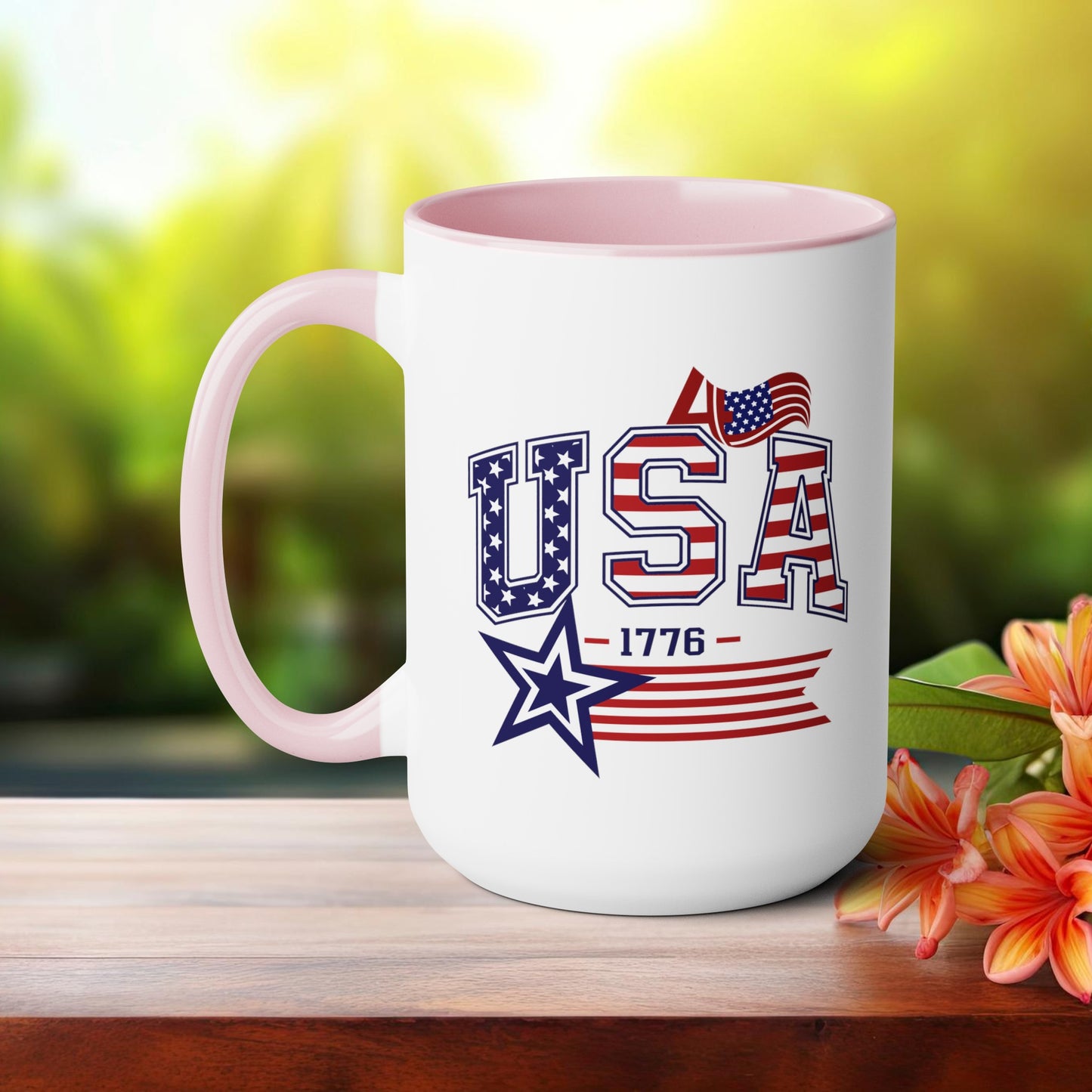 Happy 4th Of July Two -Tone Coffee Mug.15oz. Happy Independence Day Coffee Mug. America, Red White Blue, Flag,Peace Love America. Proud To Be An American