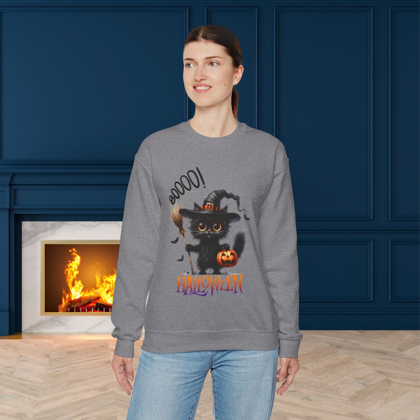 Spooky Cat Halloween Sweatshirt - Unisex Heavy Blend Crewneck, halloween sweatshirt, cute spooky cat sweatshirt.