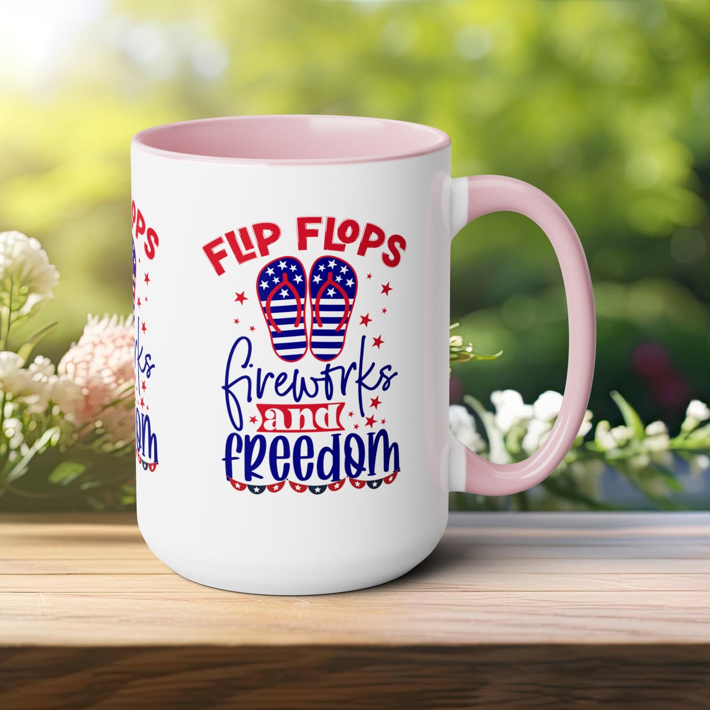 Happy 4th Of July Two -Tone Coffee Mug.15oz. Happy Independence Day Coffee Mug. America, Red White Blue, Flag,Peace Love America. Flipflop fireworks & Freedom.