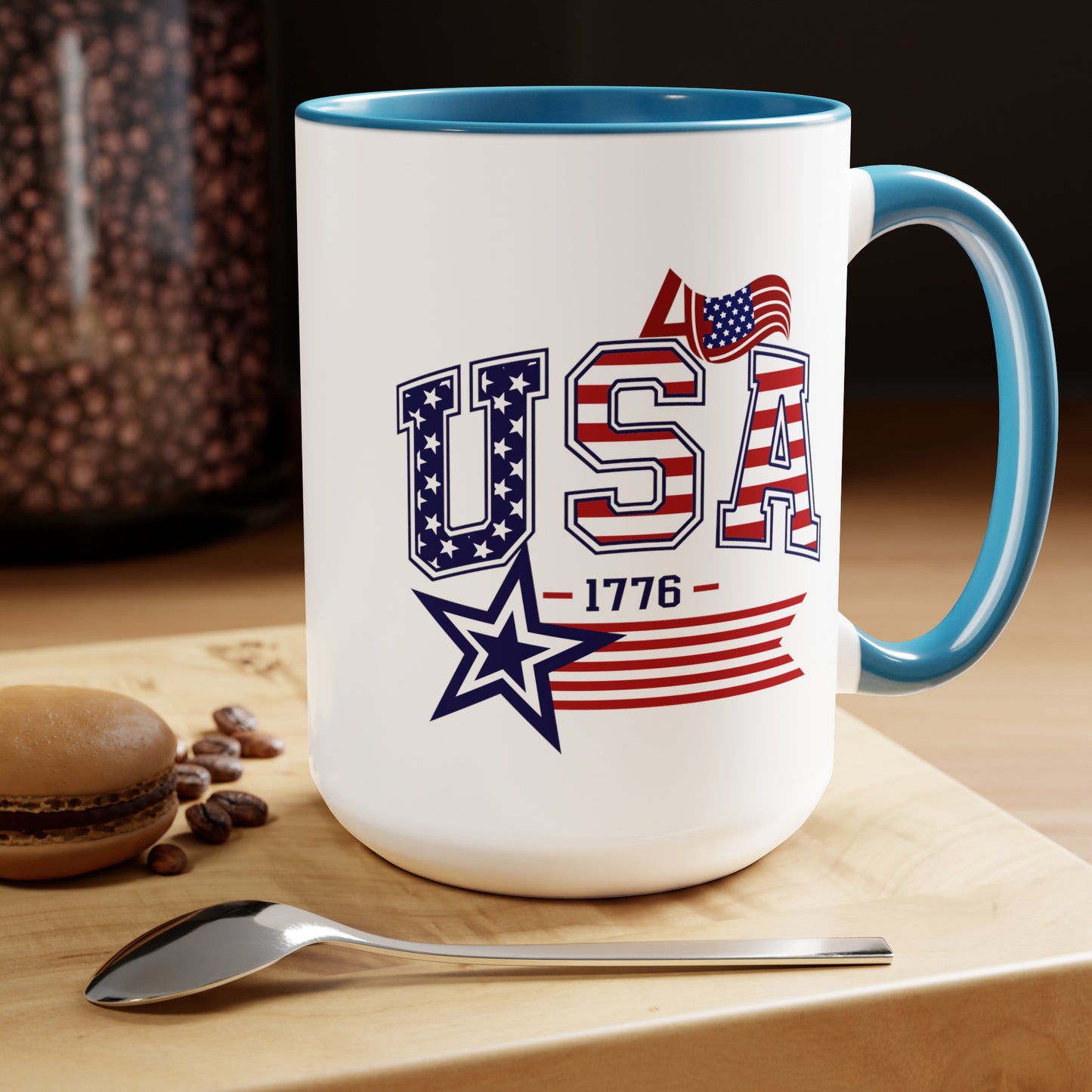 Happy 4th Of July Two -Tone Coffee Mug.15oz. Happy Independence Day Coffee Mug. America, Red White Blue, Flag,Peace Love America. Proud To Be An American