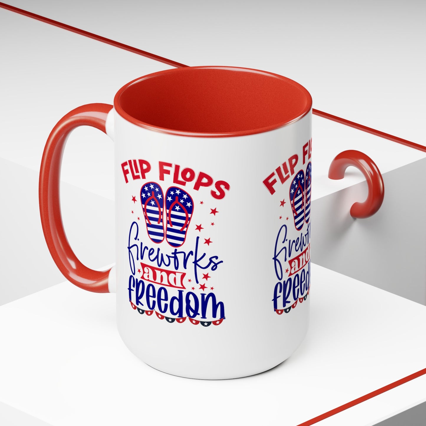 Happy 4th Of July Two -Tone Coffee Mug.15oz. Happy Independence Day Coffee Mug. America, Red White Blue, Flag,Peace Love America. Flipflop fireworks & Freedom.