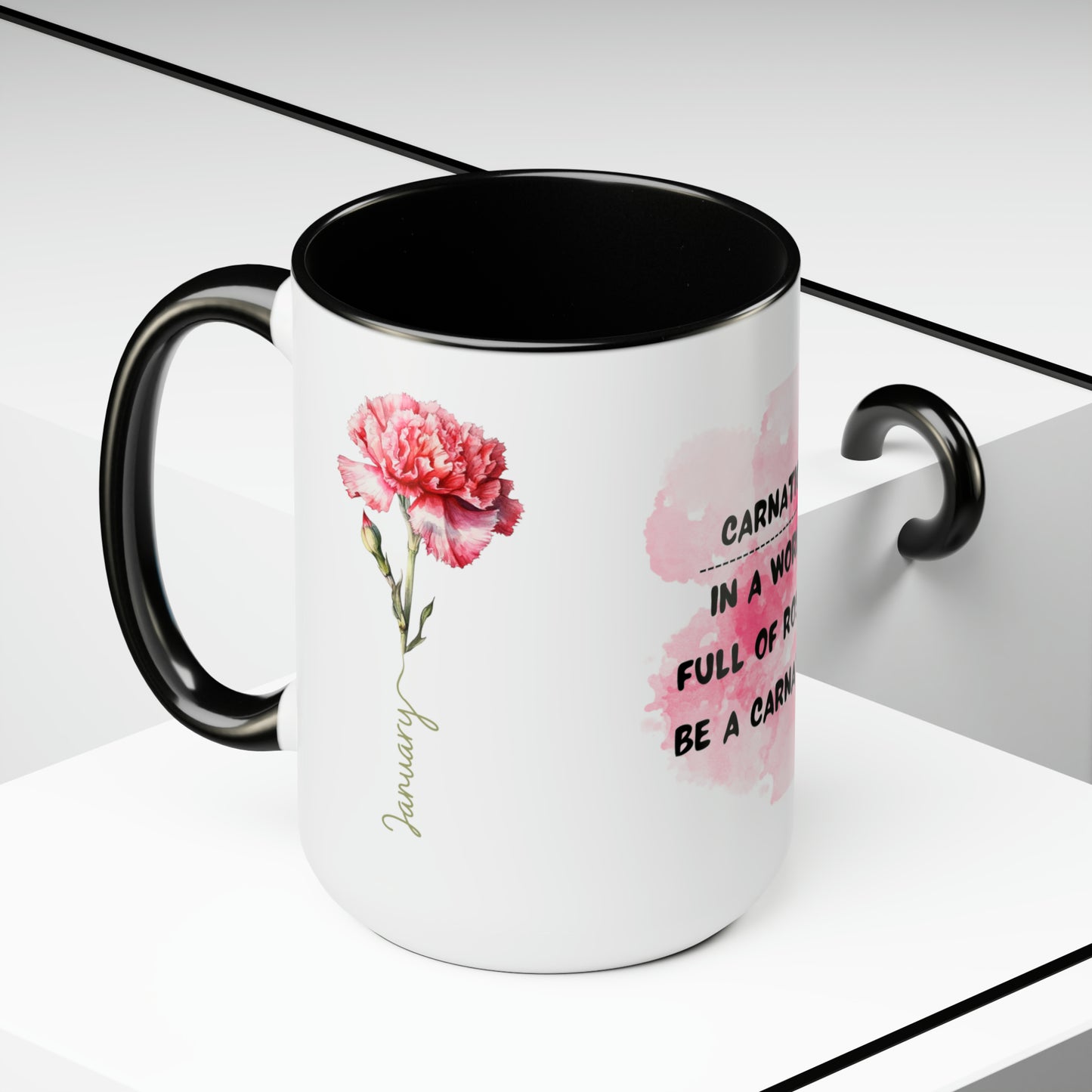 January Birth Month Flower Two-Tone Coffee Mugs, 15oz, Magical Birth Month Flower Mug.