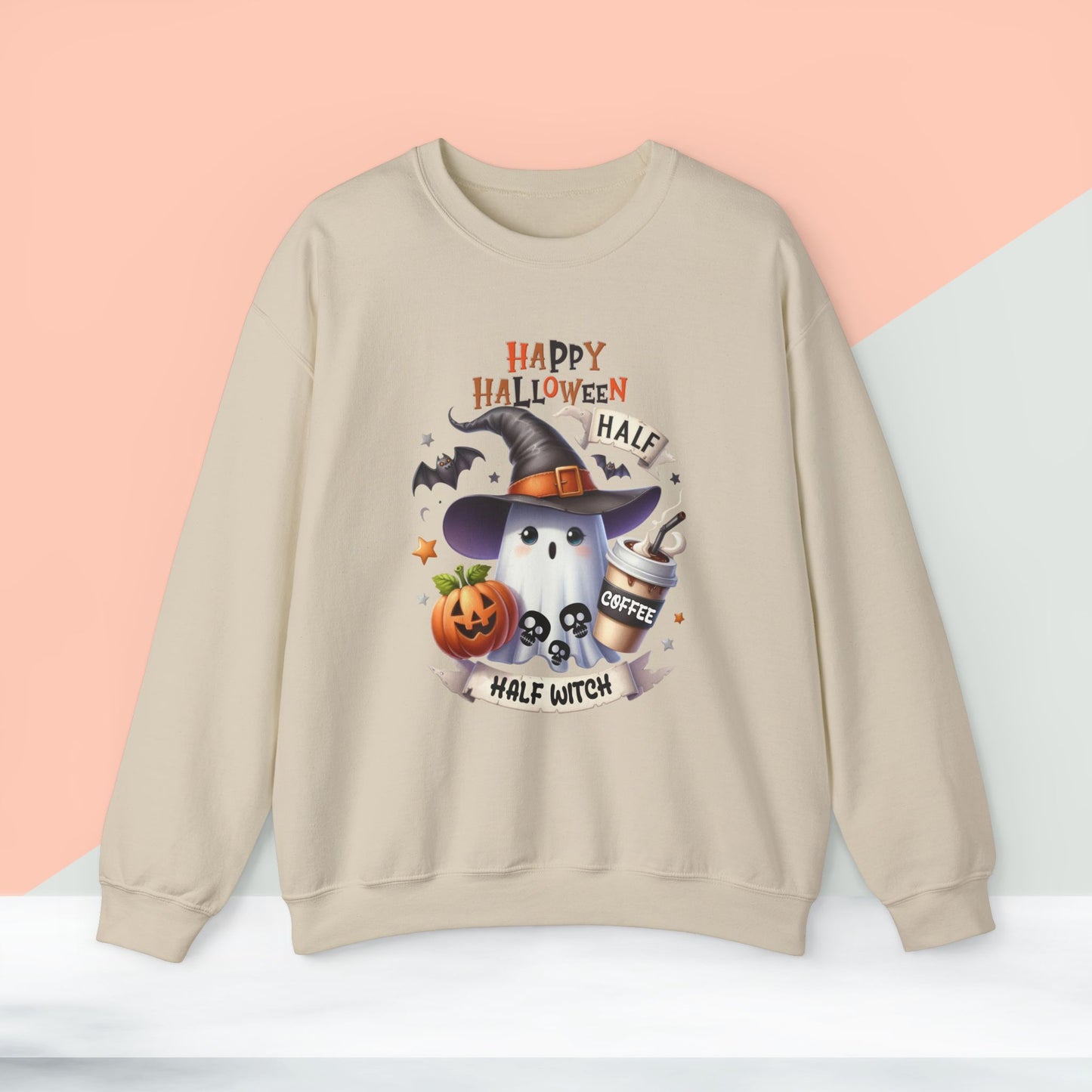Half Coffee Half Witch sweatshirt, Happy Halloween Sweatshirt - Unisex Heavy Blend Crewneck, Halloween Sweatshirt, Cute Spooky Ghost sweatshirt.