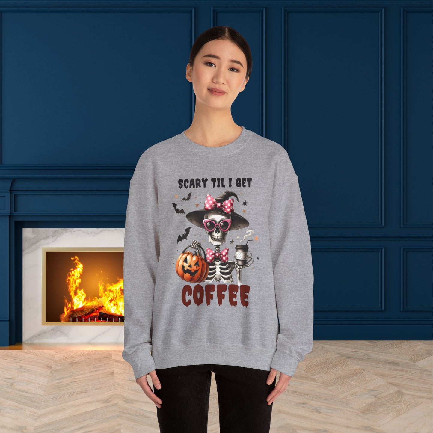 Scary Til I Get Coffee Halloween Sweatshirt, Happy Halloween Sweatshirt - Unisex Heavy Blend Crewneck, Halloween Sweatshirt, Cute Spooky Ghost sweatshirt.