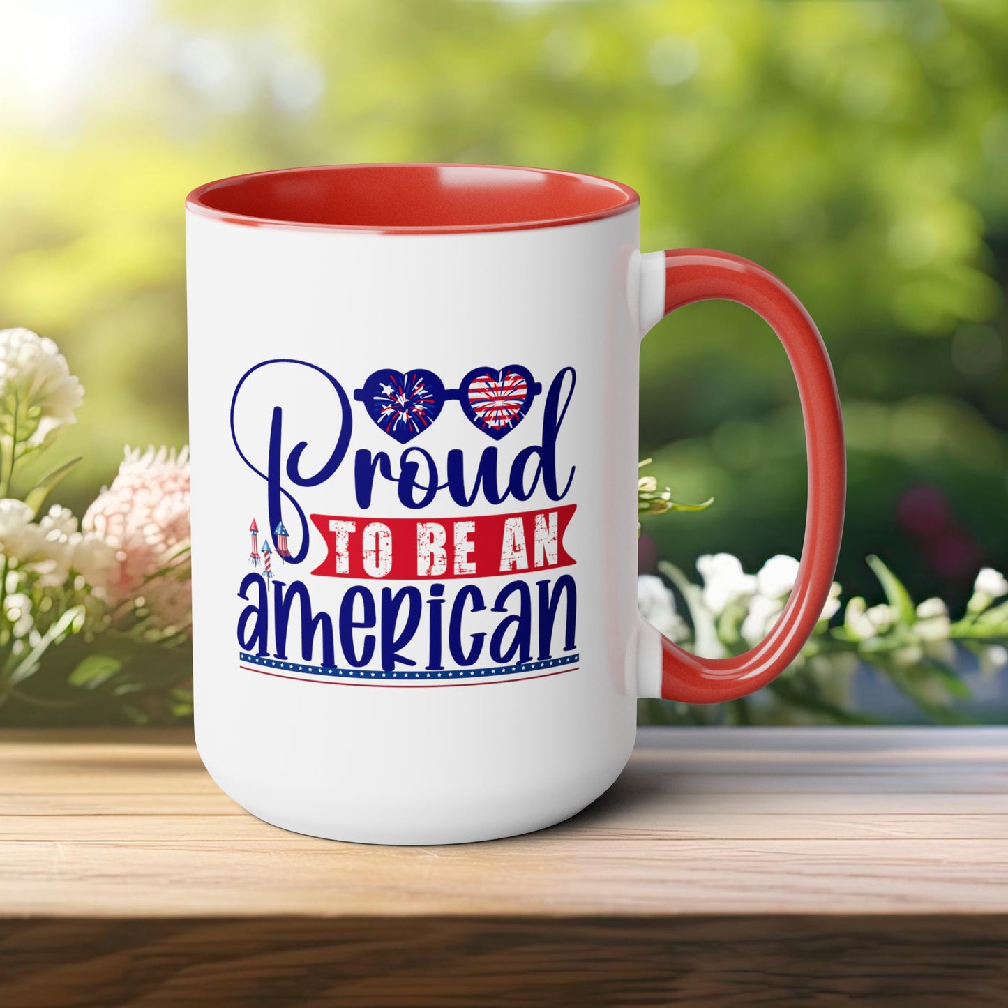 Happy 4th Of July Two -Tone Coffee Mug.15oz. Happy Independence Day Coffee Mug. America, Red White Blue, Flag,Peace Love America. Proud To Be An American