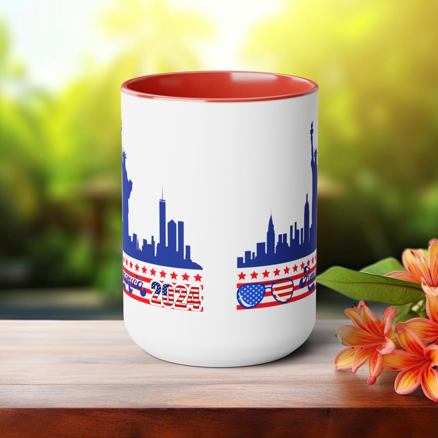 Happy 4th Of July Two -Tone Coffee Mug.15oz. God Bless America Coffee Mug. America 2024 Coffee Mug.