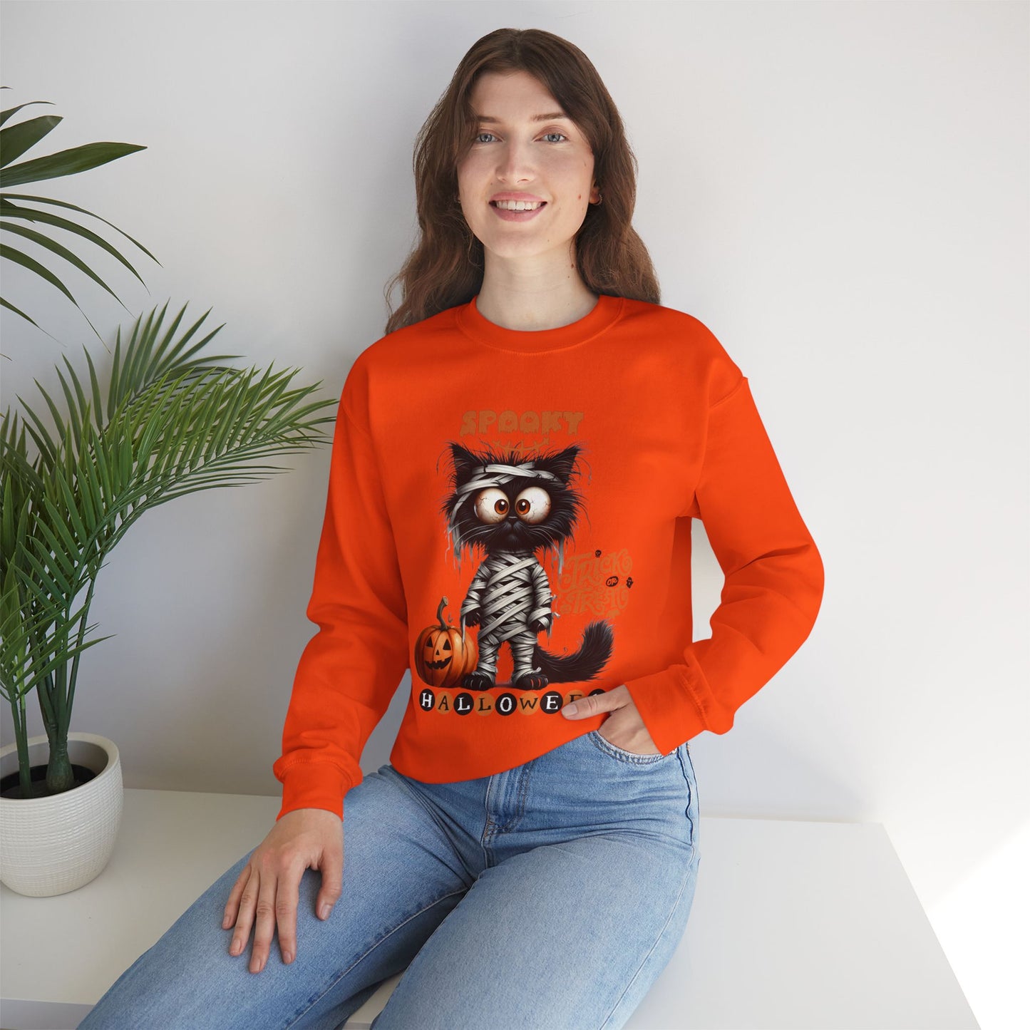 Spooky Halloween Cat Sweatshirt, Happy Halloween Sweatshirt - Unisex Heavy Blend Crewneck, Halloween Sweatshirt, Cute Spooky Ghost sweatshirt.