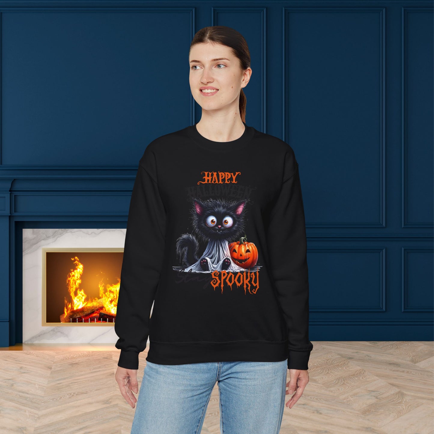 Stay spooky Halloween Sweatshirt - Unisex Heavy Blend Crewneck, halloween sweatshirt, cute spooky cat sweatshirt.