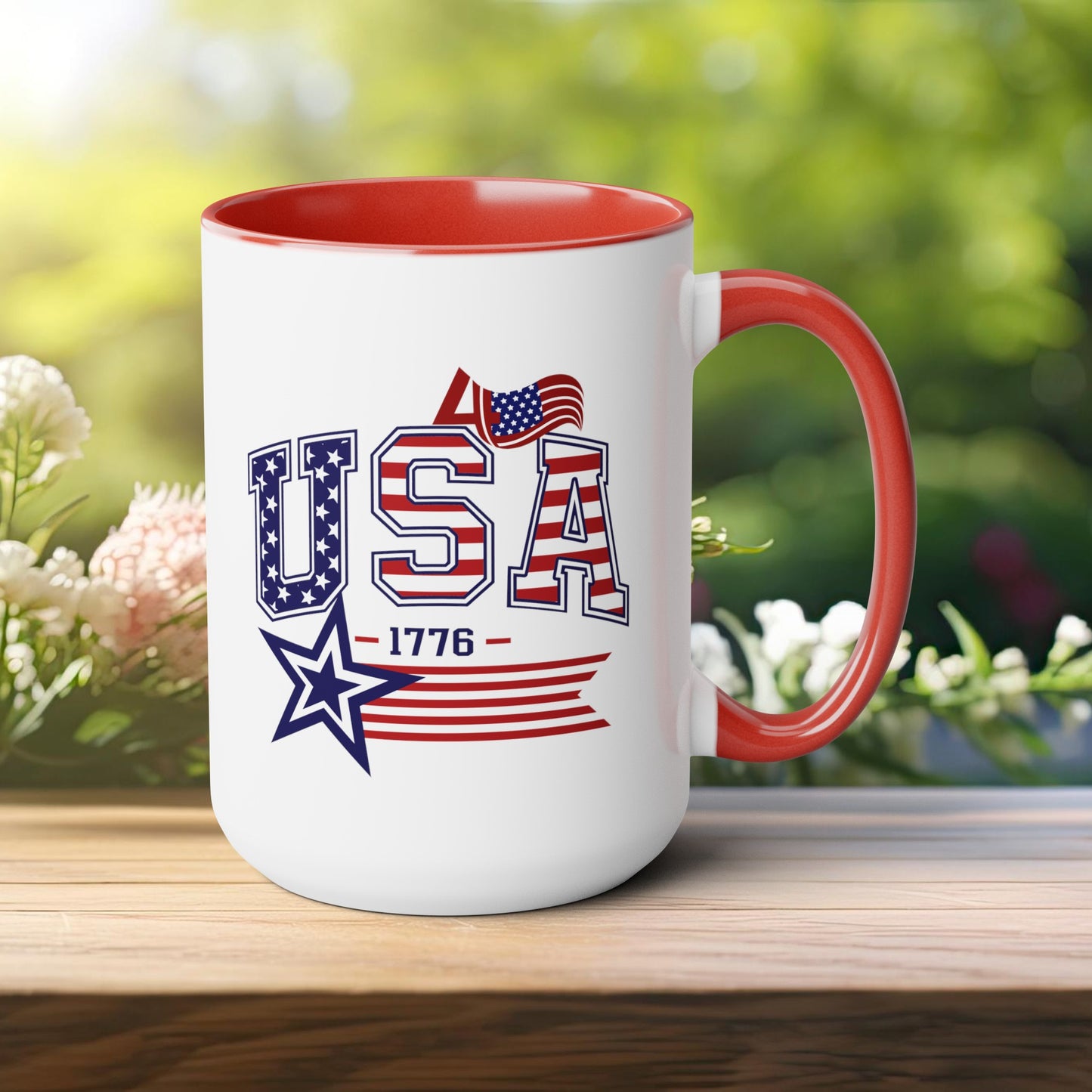 Happy 4th Of July Two -Tone Coffee Mug.15oz. Happy Independence Day Coffee Mug. America, Red White Blue, Flag,Peace Love America. Proud To Be An American