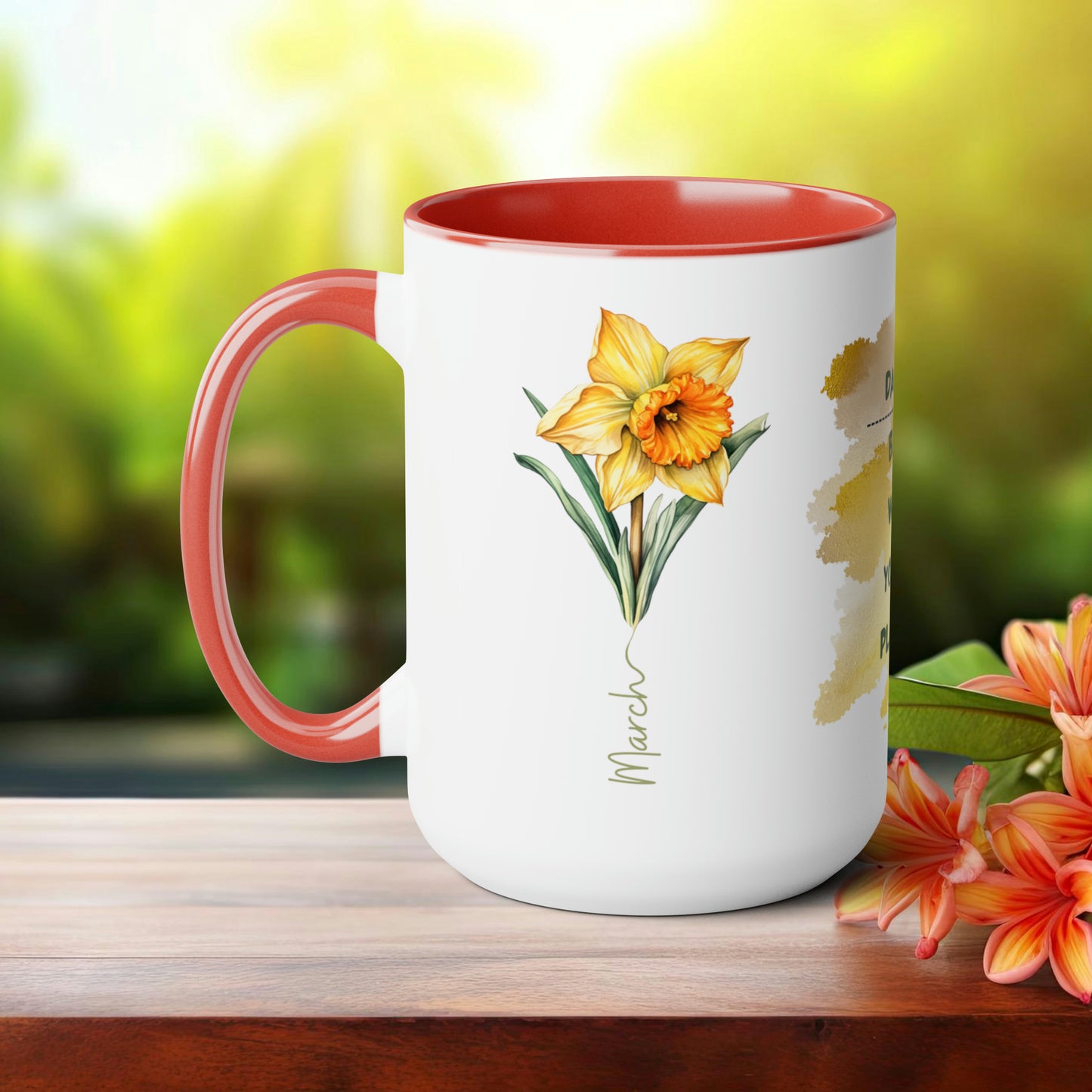 Birth Month Flower Two-Tone Coffee Mugs, 15oz, March Birth Month Flower mug.