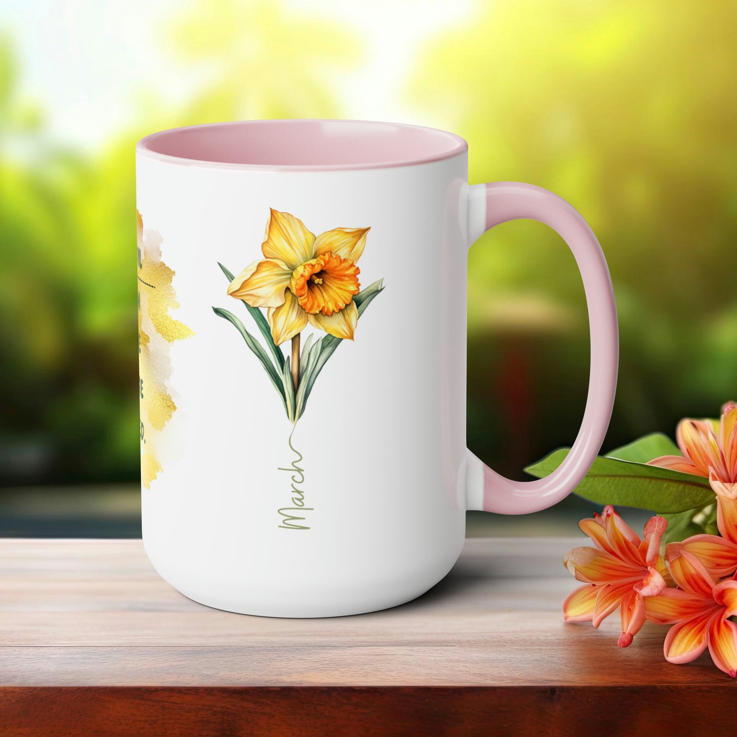 Birth Month Flower Two-Tone Coffee Mugs, 15oz, March Birth Month Flower mug.