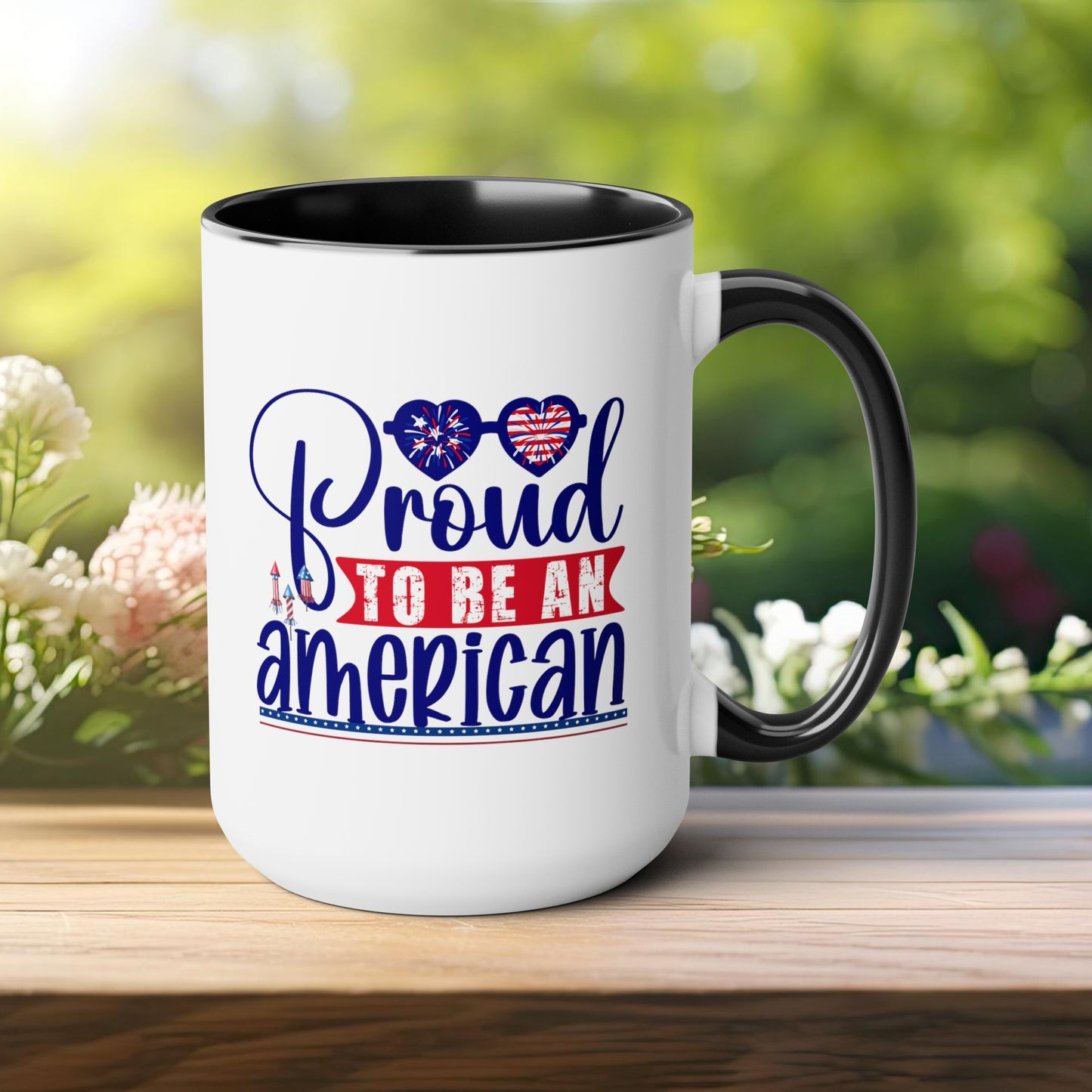 Happy 4th Of July Two -Tone Coffee Mug.15oz. Happy Independence Day Coffee Mug. America, Red White Blue, Flag,Peace Love America. Proud To Be An American