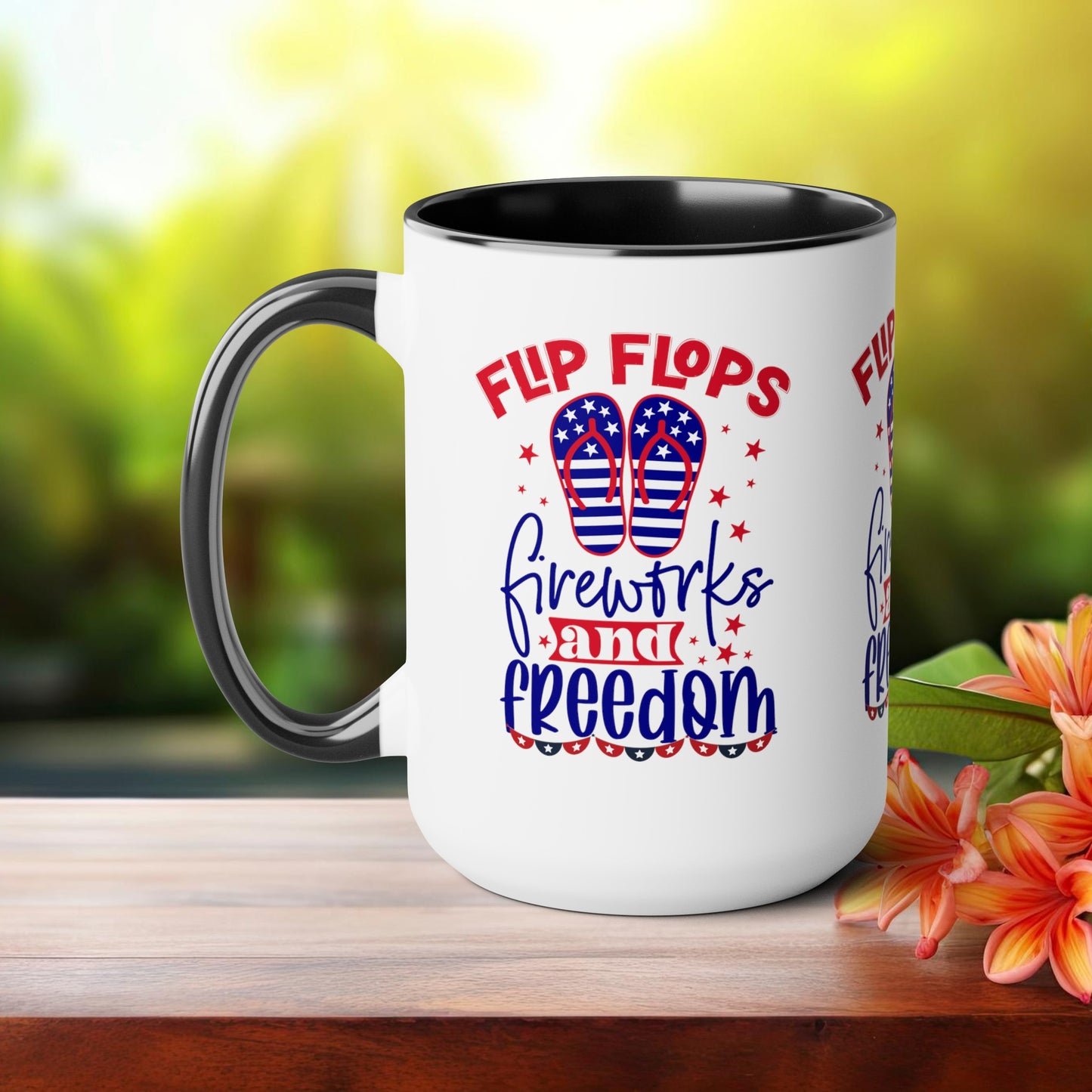 Happy 4th Of July Two -Tone Coffee Mug.15oz. Happy Independence Day Coffee Mug. America, Red White Blue, Flag,Peace Love America. Flipflop fireworks & Freedom.