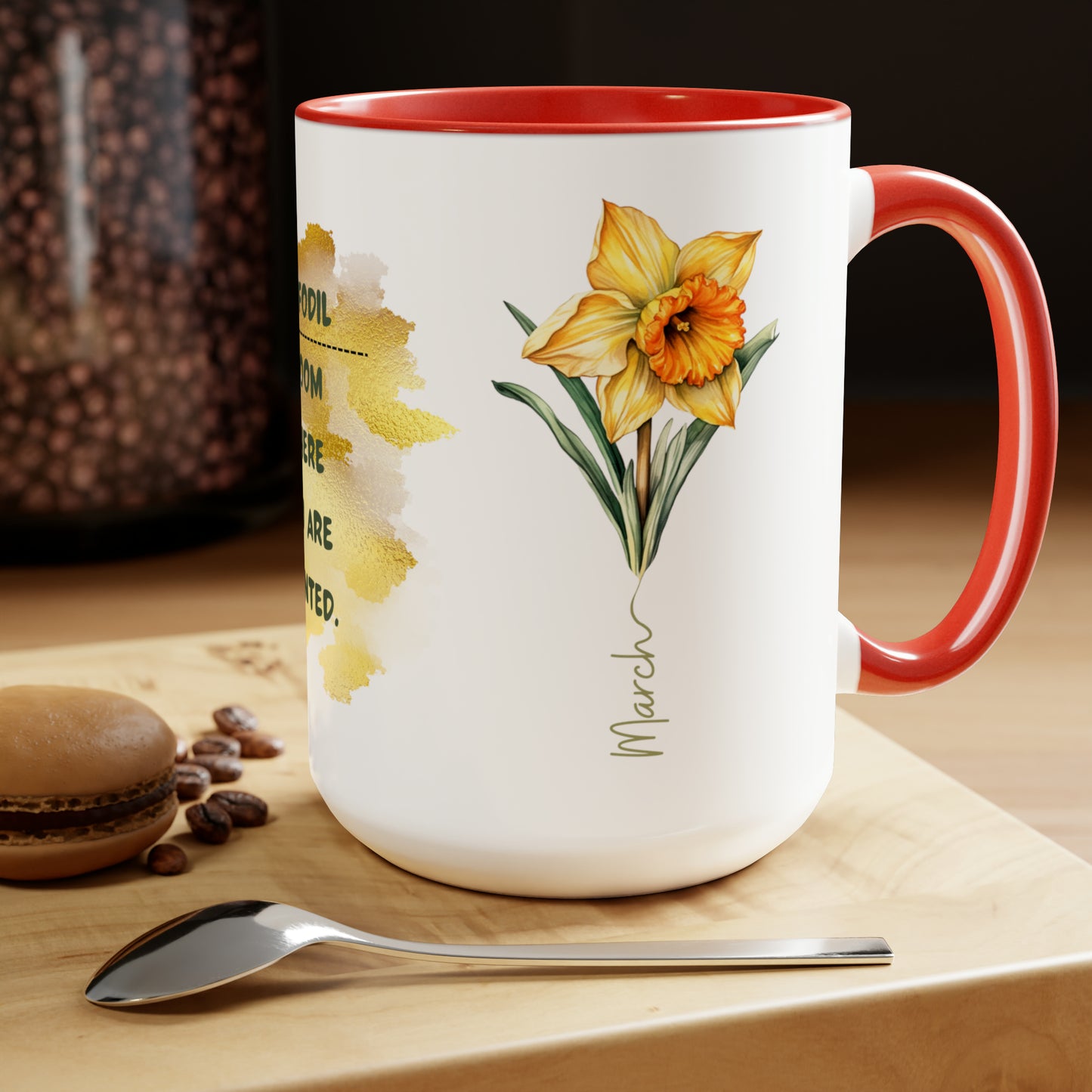 Birth Month Flower Two-Tone Coffee Mugs, 15oz, March Birth Month Flower mug.