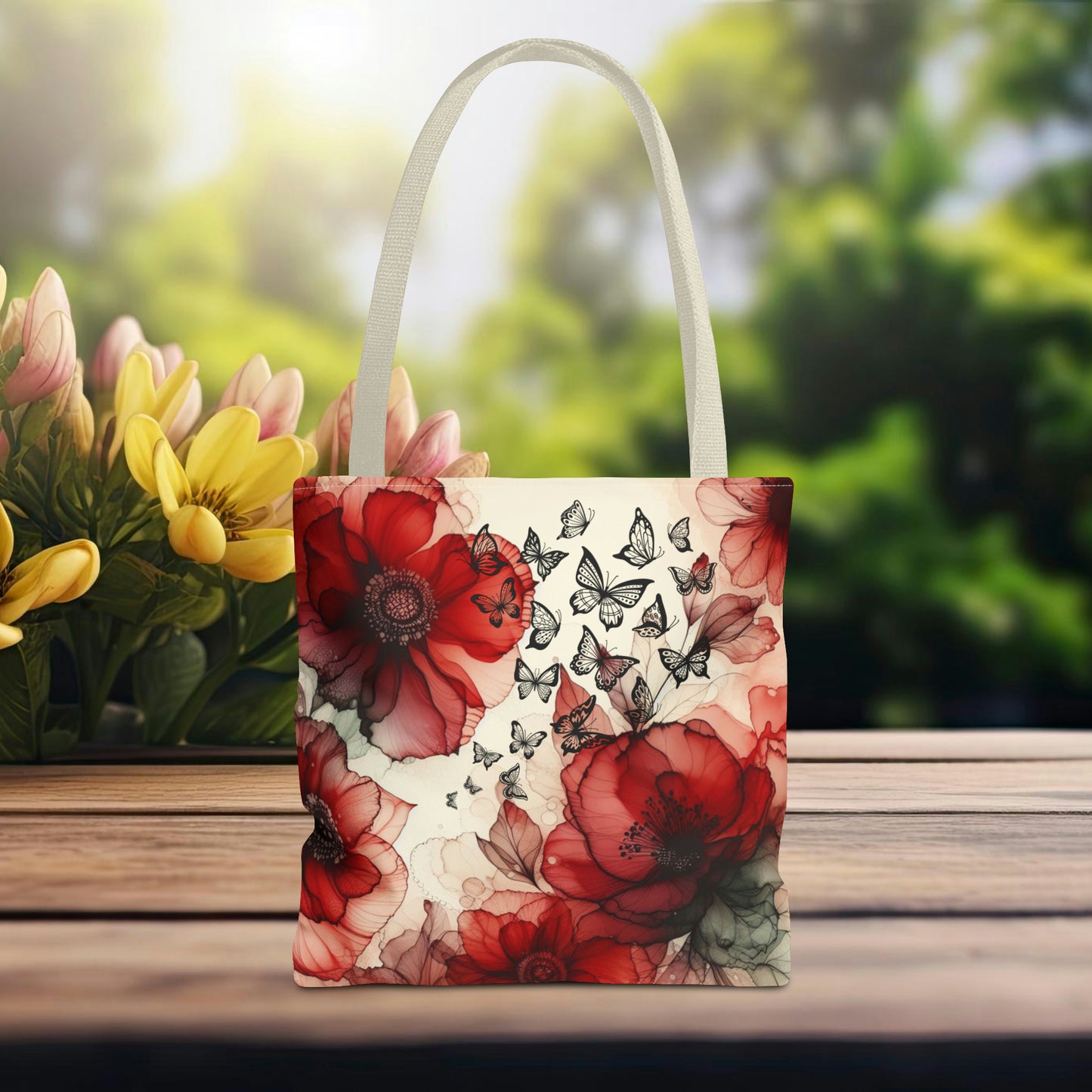 Red Flower With Butterfly Tote Bag