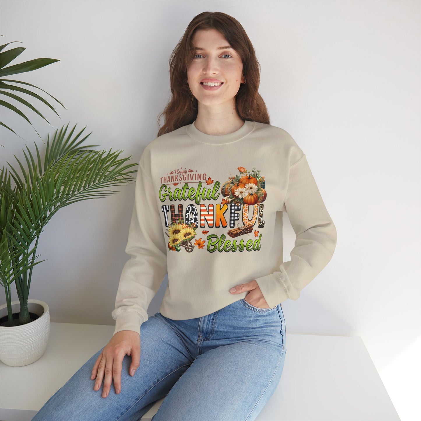 Thankful Grateful Blessed Sweatshirt,  HappyThanksgiving Sweatshirt - Unisex Heavy Blend, Happy Thanksgiving2024 Sweatshirt, Thanksgiving Gift, Festive Sweatshirt.