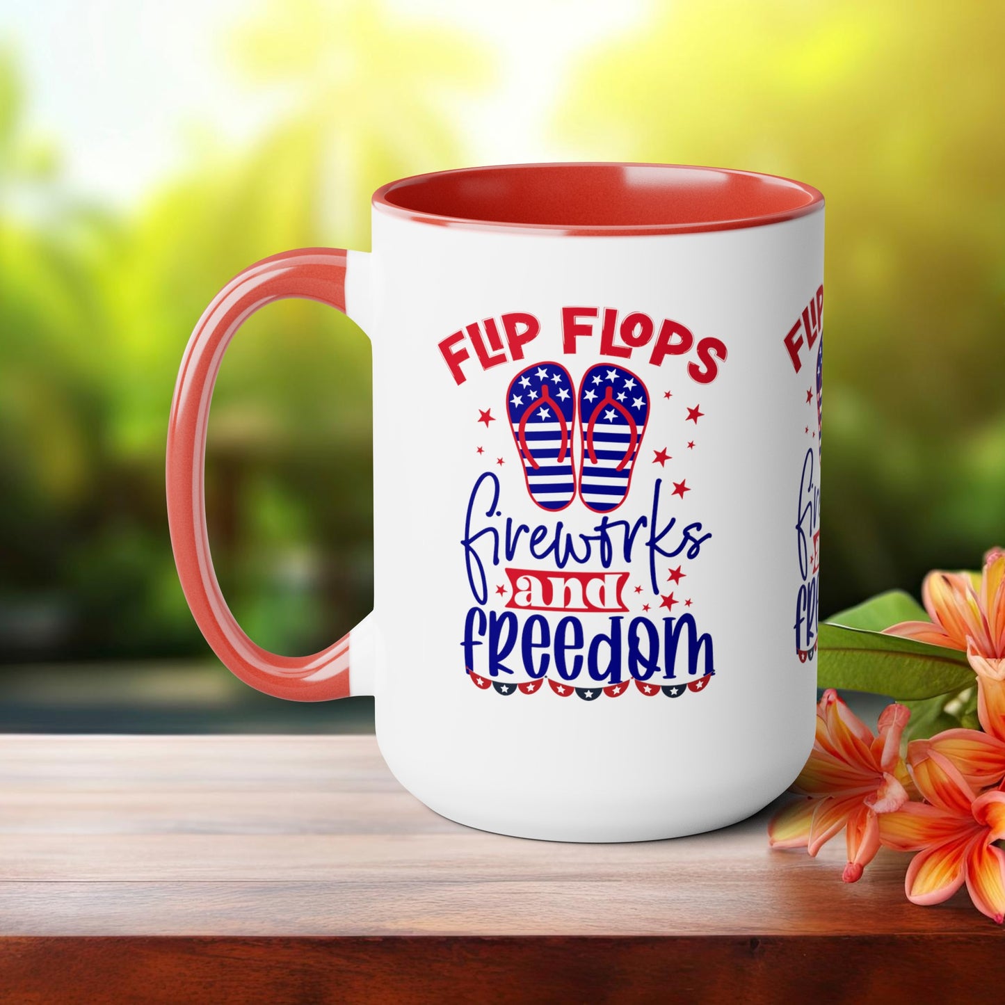 Happy 4th Of July Two -Tone Coffee Mug.15oz. Happy Independence Day Coffee Mug. America, Red White Blue, Flag,Peace Love America. Flipflop fireworks & Freedom.