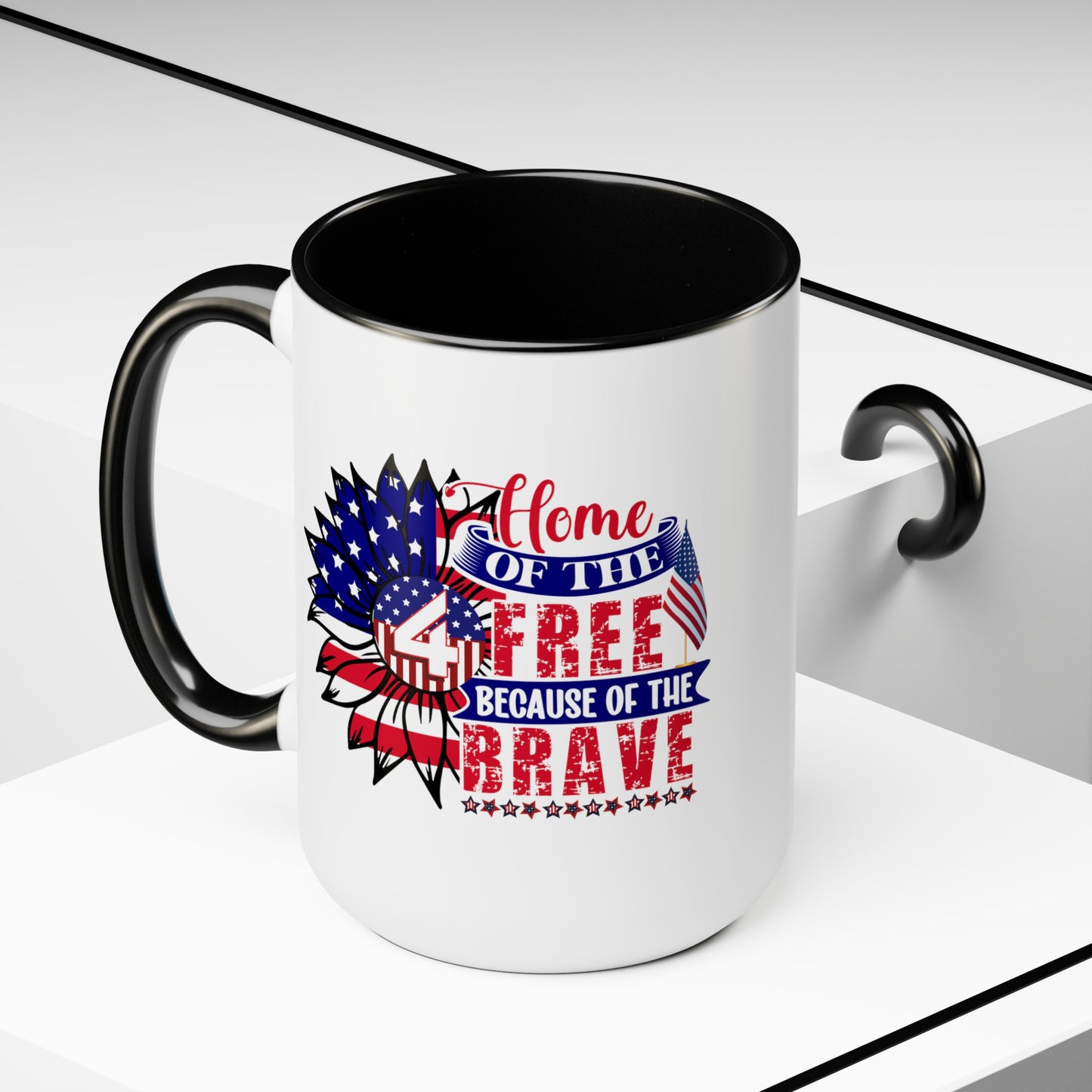 Happy 4th Of July Two -Tone Coffee Mug.15oz. God Bless America Coffee Mug.Flag, Red White Blue, Gift, America.Fourth Of July Sunflower Coffee Mug.