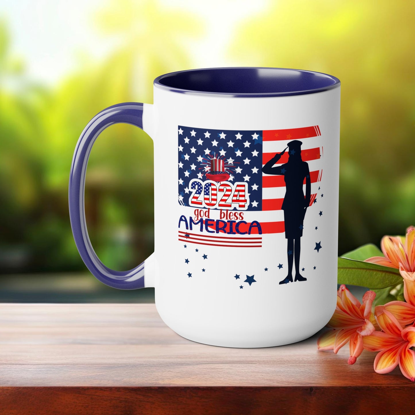 Happy 4th Of July Two -Tone Coffee Mug.15oz. God Bless America Coffee Mug.Flag, Red White Blue, gift, America.