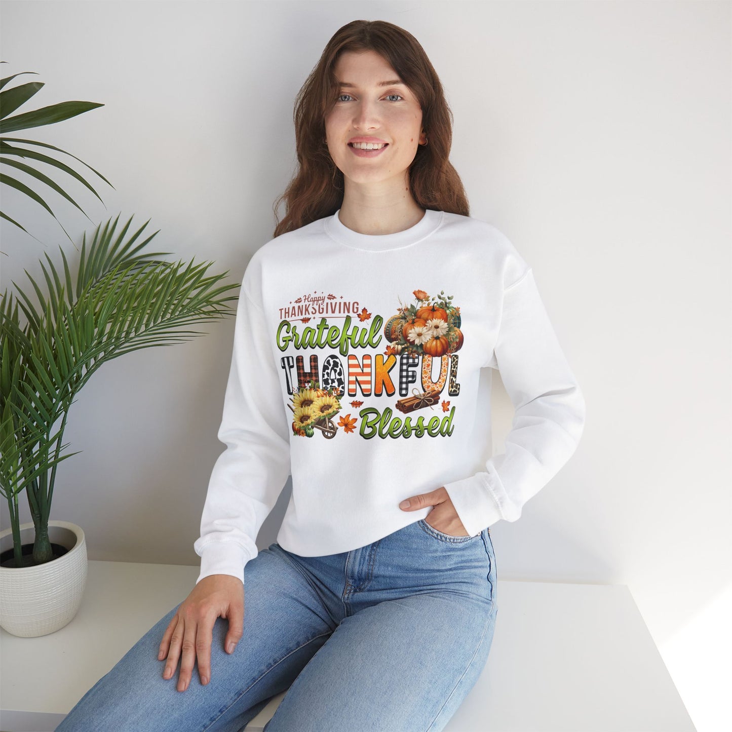 Thankful Grateful Blessed Sweatshirt,  HappyThanksgiving Sweatshirt - Unisex Heavy Blend, Happy Thanksgiving2024 Sweatshirt, Thanksgiving Gift, Festive Sweatshirt.