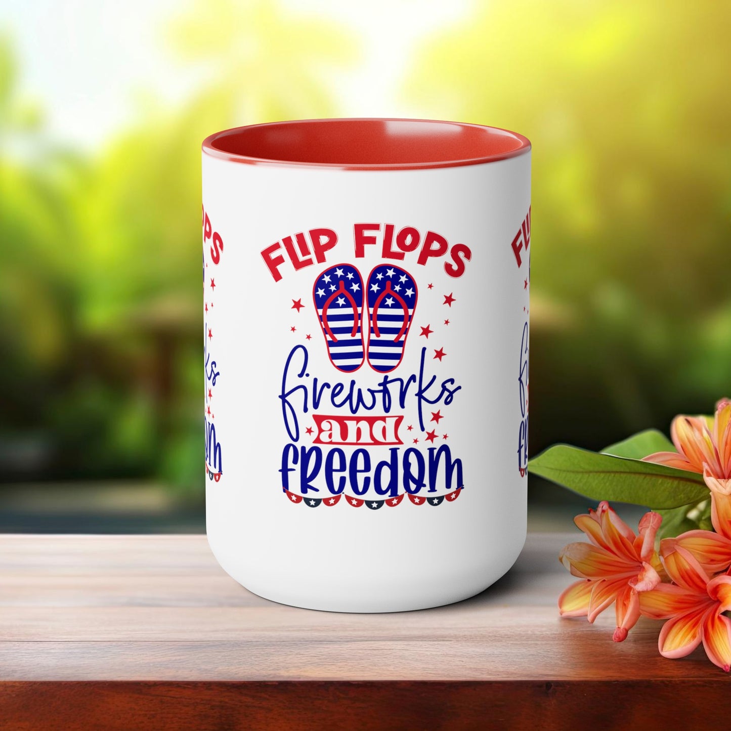 Happy 4th Of July Two -Tone Coffee Mug.15oz. Happy Independence Day Coffee Mug. America, Red White Blue, Flag,Peace Love America. Flipflop fireworks & Freedom.