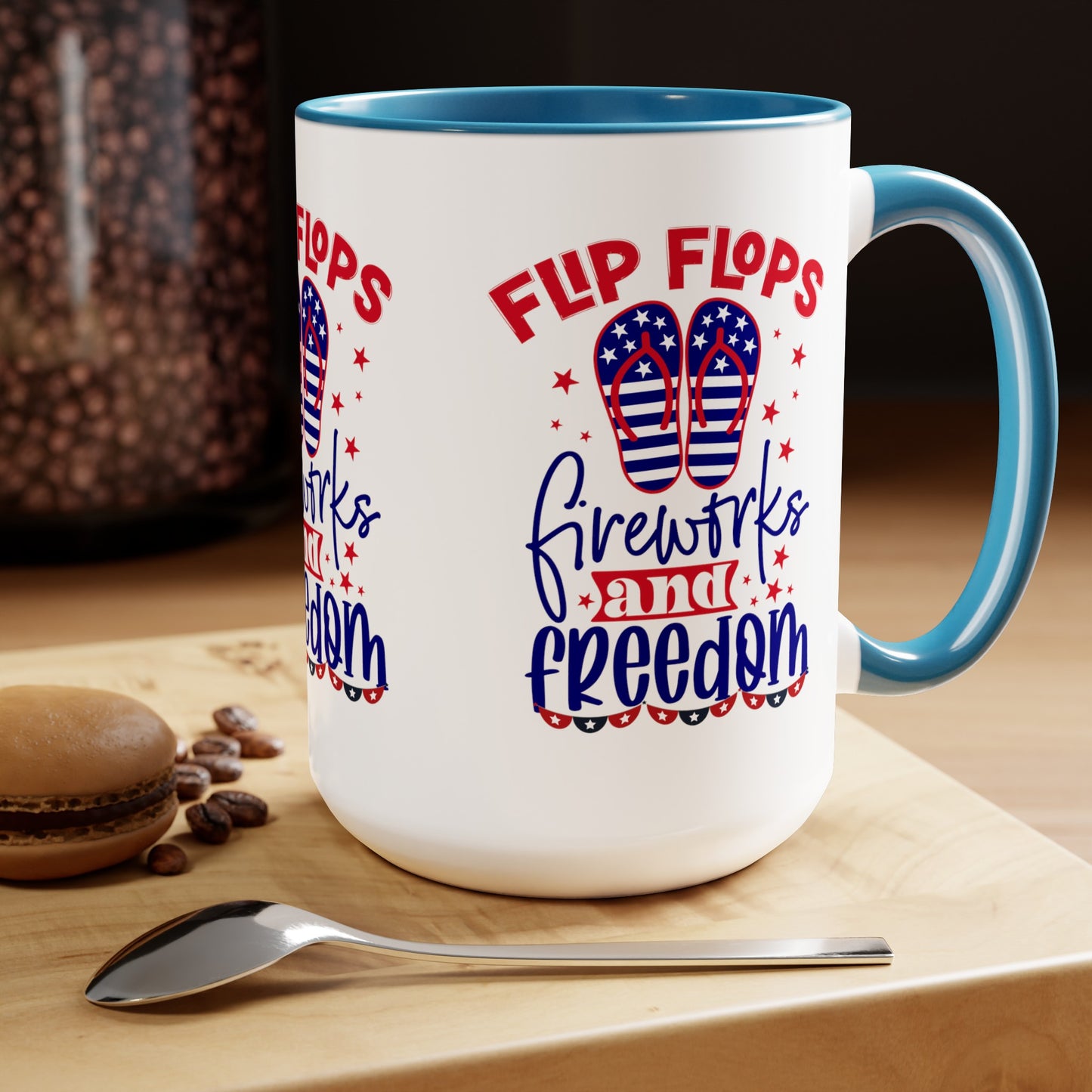 Happy 4th Of July Two -Tone Coffee Mug.15oz. Happy Independence Day Coffee Mug. America, Red White Blue, Flag,Peace Love America. Flipflop fireworks & Freedom.