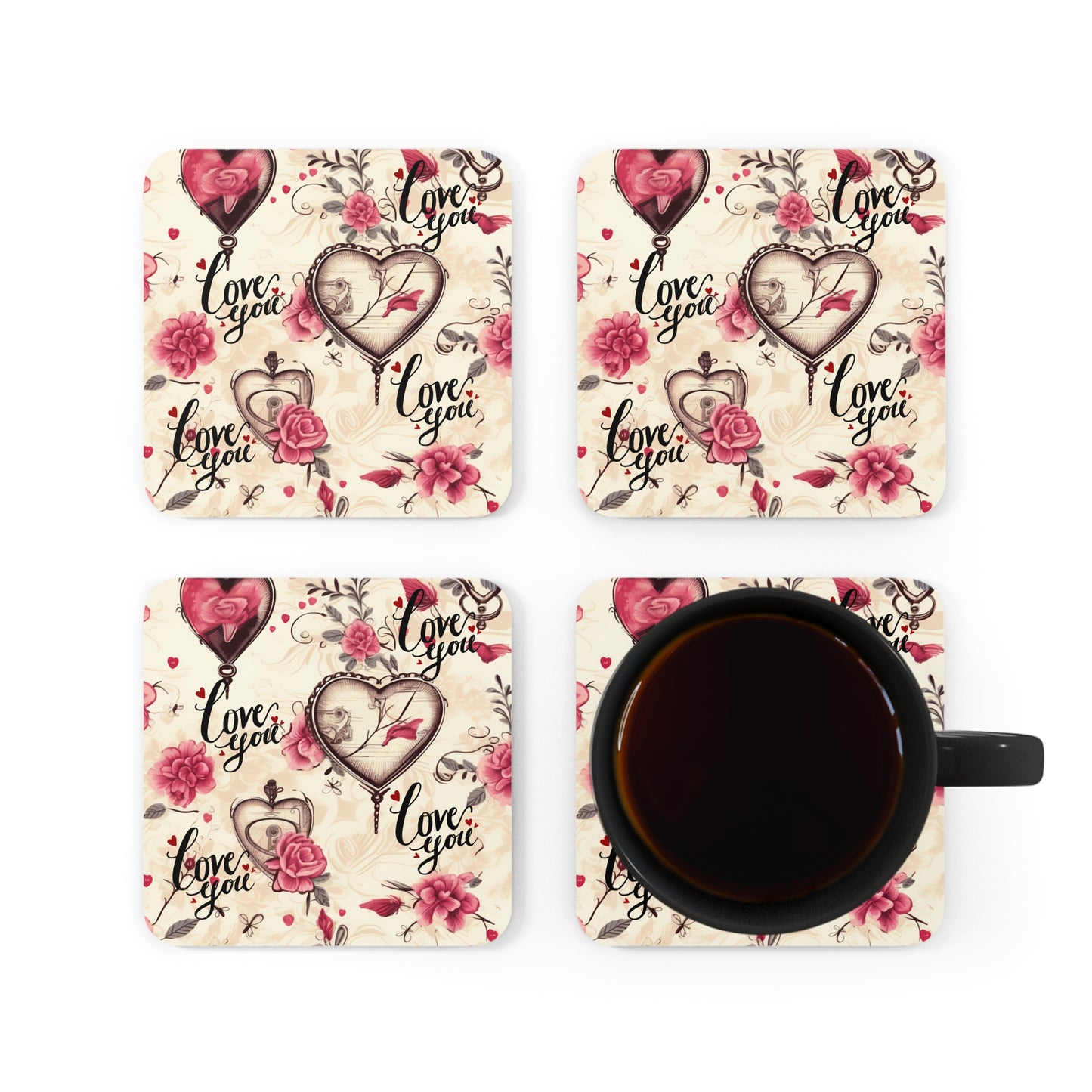 Happy Valentines Day Corkwood Coaster Set