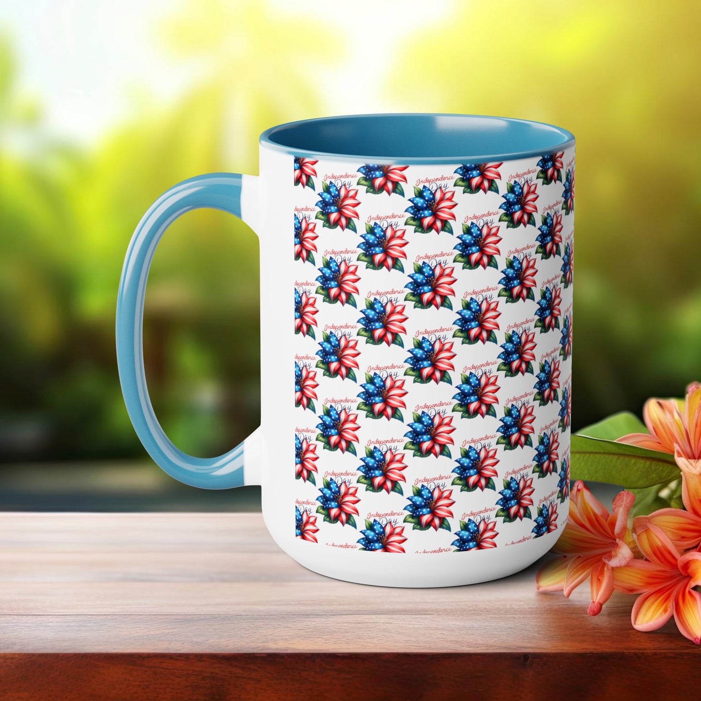 Happy 4th Of July Two -Tone Coffee Mug.15oz. Independence Day Coffee Mug. Love Peace USA.